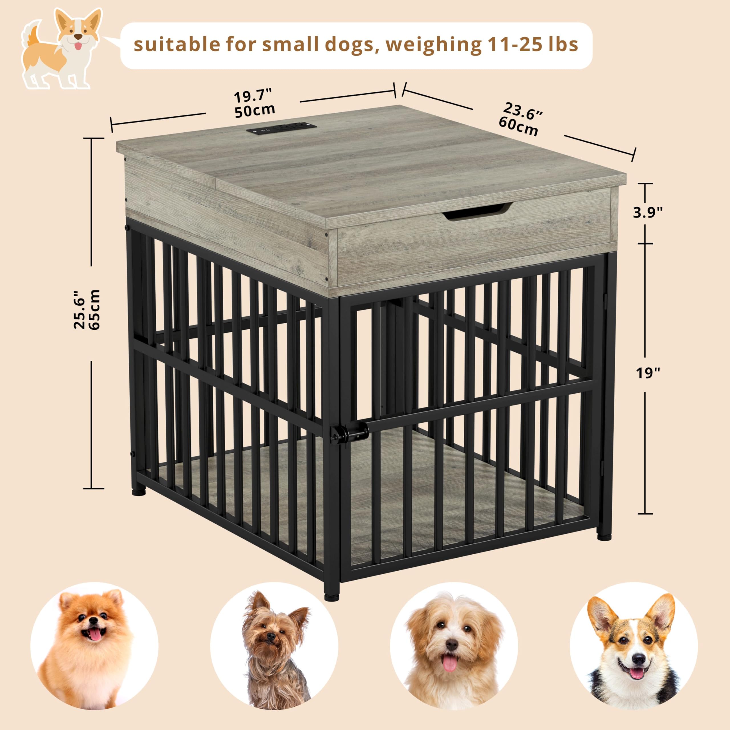 IRONCK Dog Crate Furniture, Wooden Kennel with Flip Top Drawer, 23.6"x19.7"x25.6", Grey, Model HK-GL-01, Indoor Pet End Table