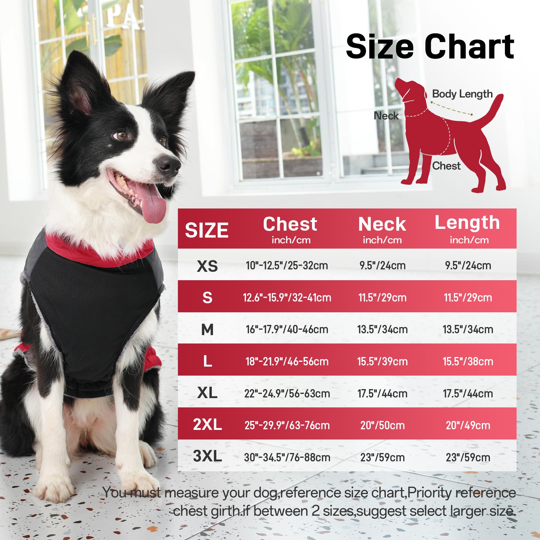 Joydaog Warm Fleece Dog Coats For Large Dogs,D-Rings Waterproof Puppy Jacket For Cold Winter,Red Xxxl