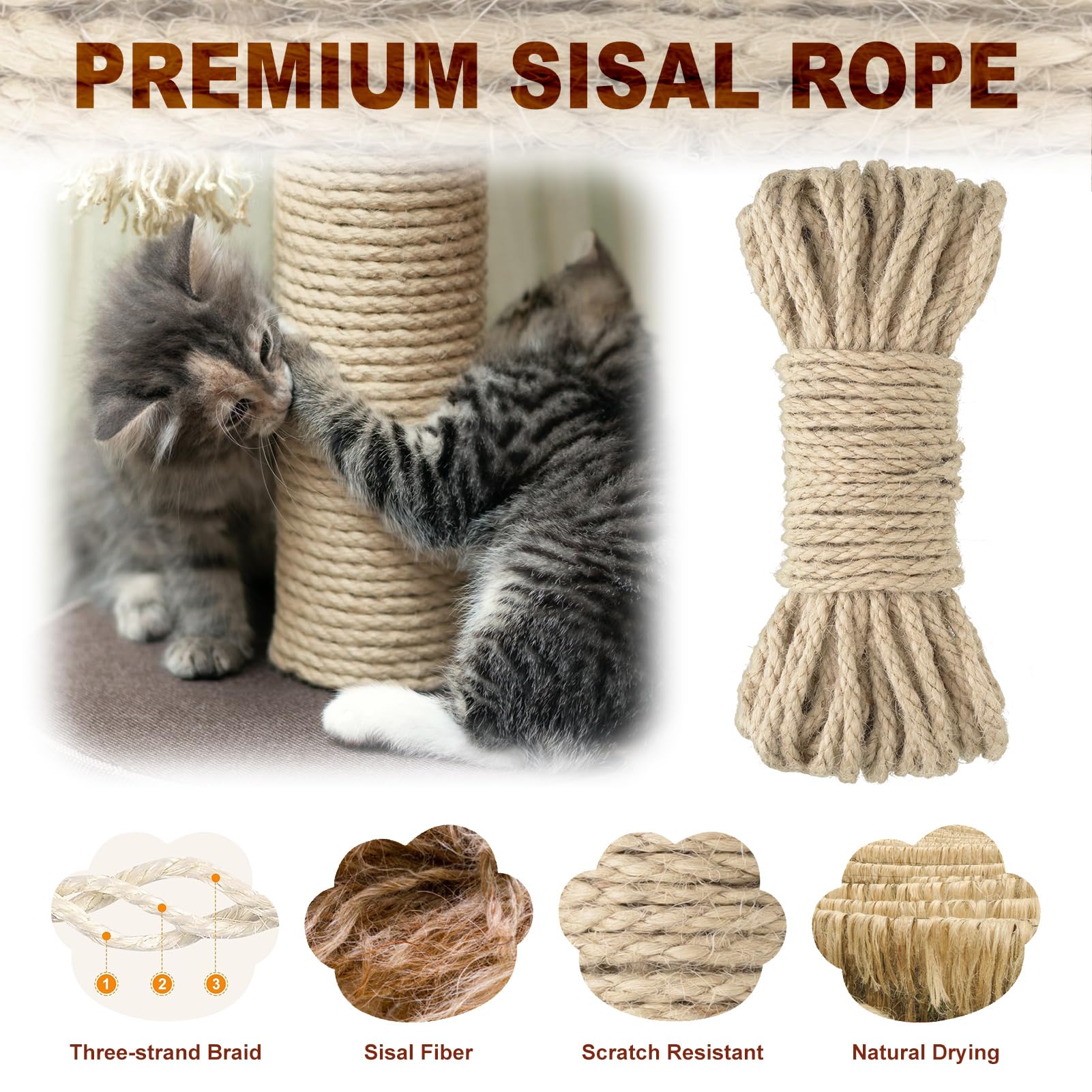 164 Ft Sisal Rope For Cat Scratcher Kits, 4Mm Natural Hemp Twine Rope Replacement For Cat Scratching Post Repairing Scratcher Ca
