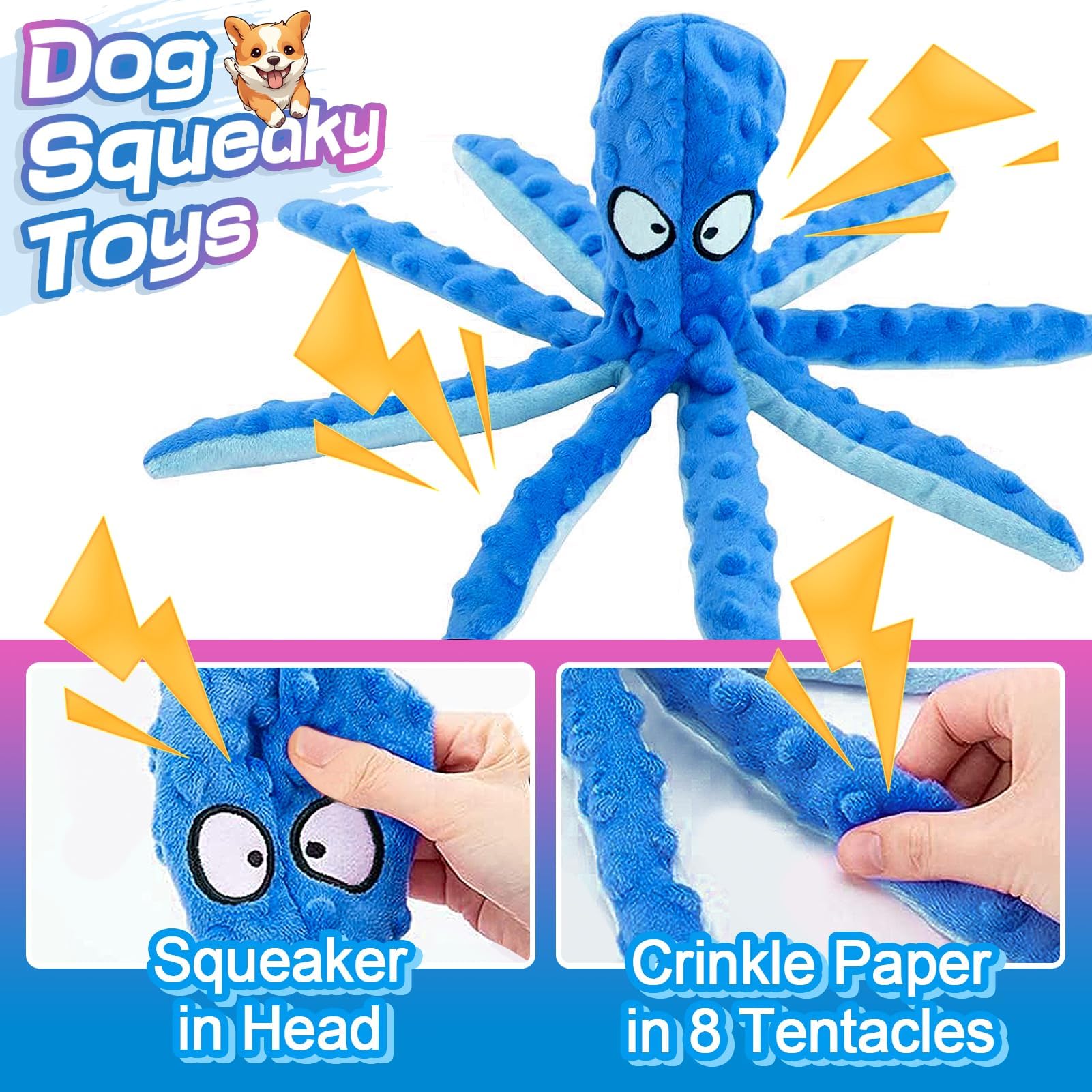 Alphatool Squeaky Dog Toys - 2pcs Soft Plush Chew Crinkle Puppy Toys to Keep Them Busy, Octopus No Stuffing Interactive Essentia