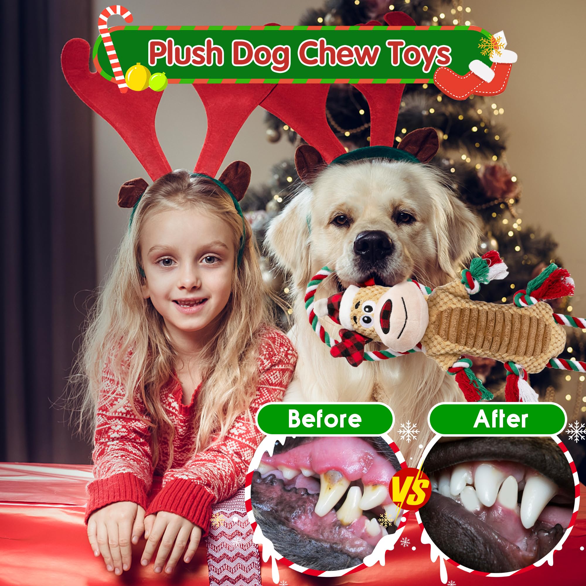 Motsamla Christmas Dog Toys, Plush Squeaky Dog Toy With Crinkle Paper, Cute Christmas Puppy Toys With Cotton, Durable Interactiv