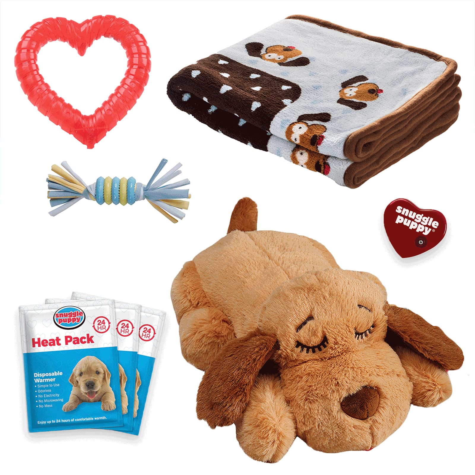 Original Snuggle Puppy Essentials Starter Kit. Heartbeat Dog Toy and Calming Aid with 3 Heat Packs, Puppy Teething Toy, Dog Chew