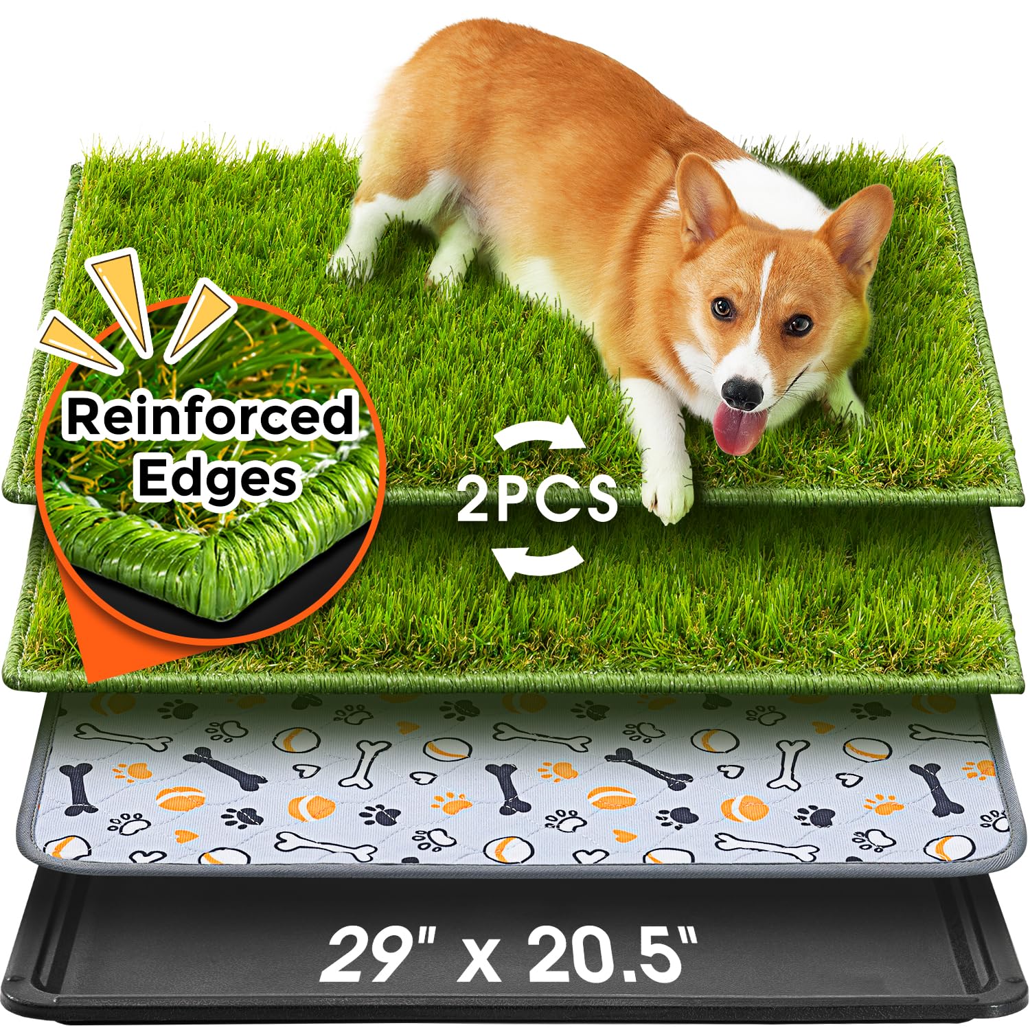 Hompet Dog Grass Pad With Tray Large, 29''X20.5'', 2 Reusable Artificial Turf For Dogs Potty, Waterproof Non-Slip Washable Pee P
