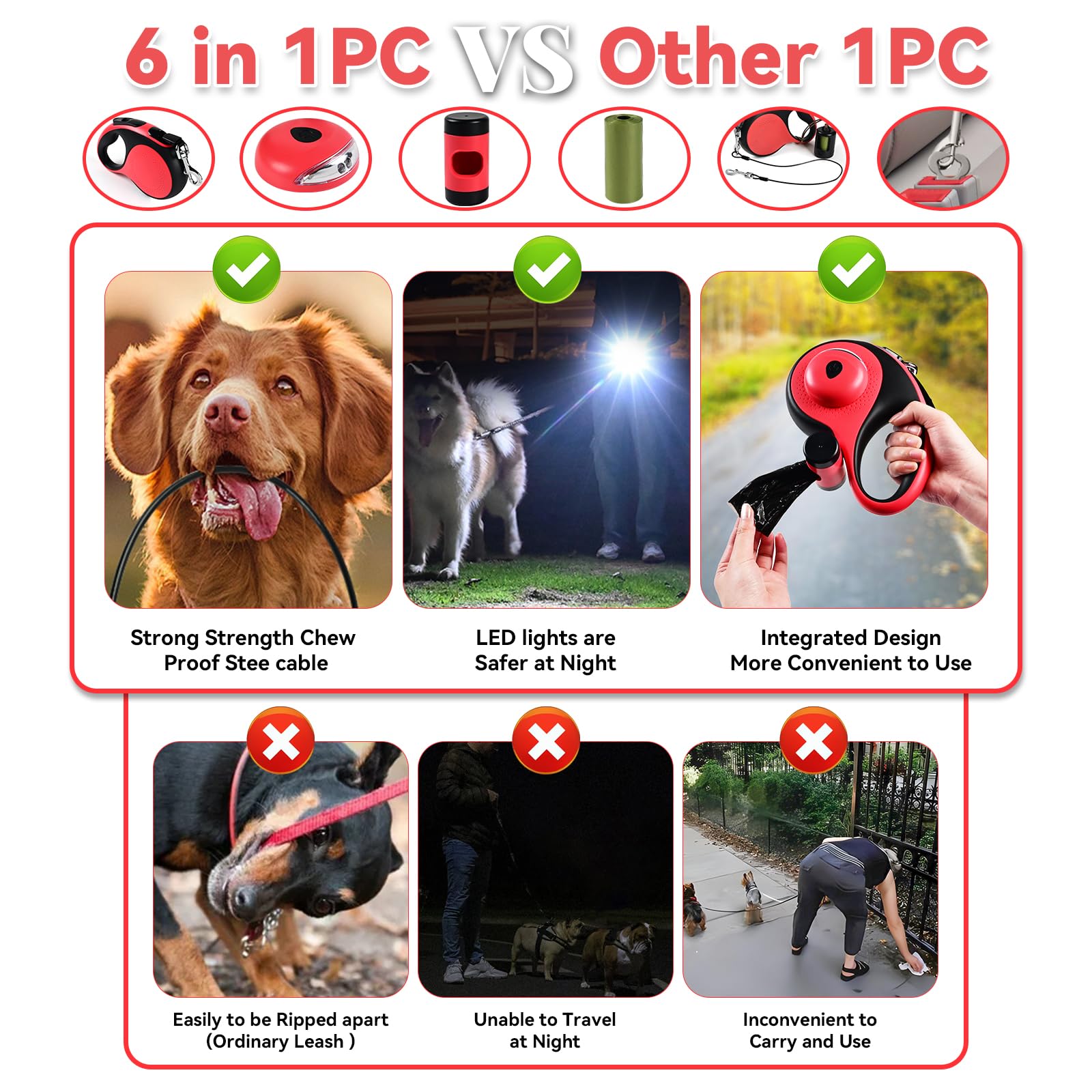 ODRIEW Retractable Dog Leash - Heavy Duty 26ft for Large Dogs up to 110lbs, Chew Proof, LED Light, Red