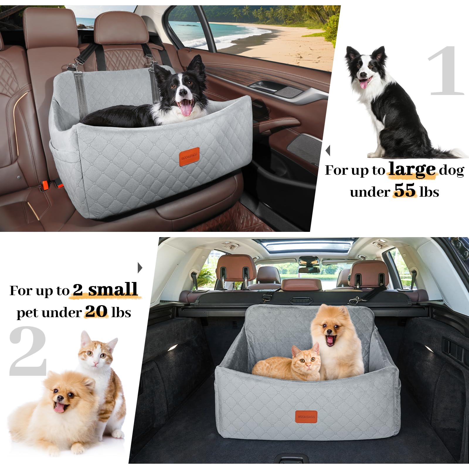 Wooaidagg Dog Car Seat for Medium & Large Dogs Up to 55lbs, Memory Foam Cushion, Washable Cover, Safety Straps & Non-Slip Base(G