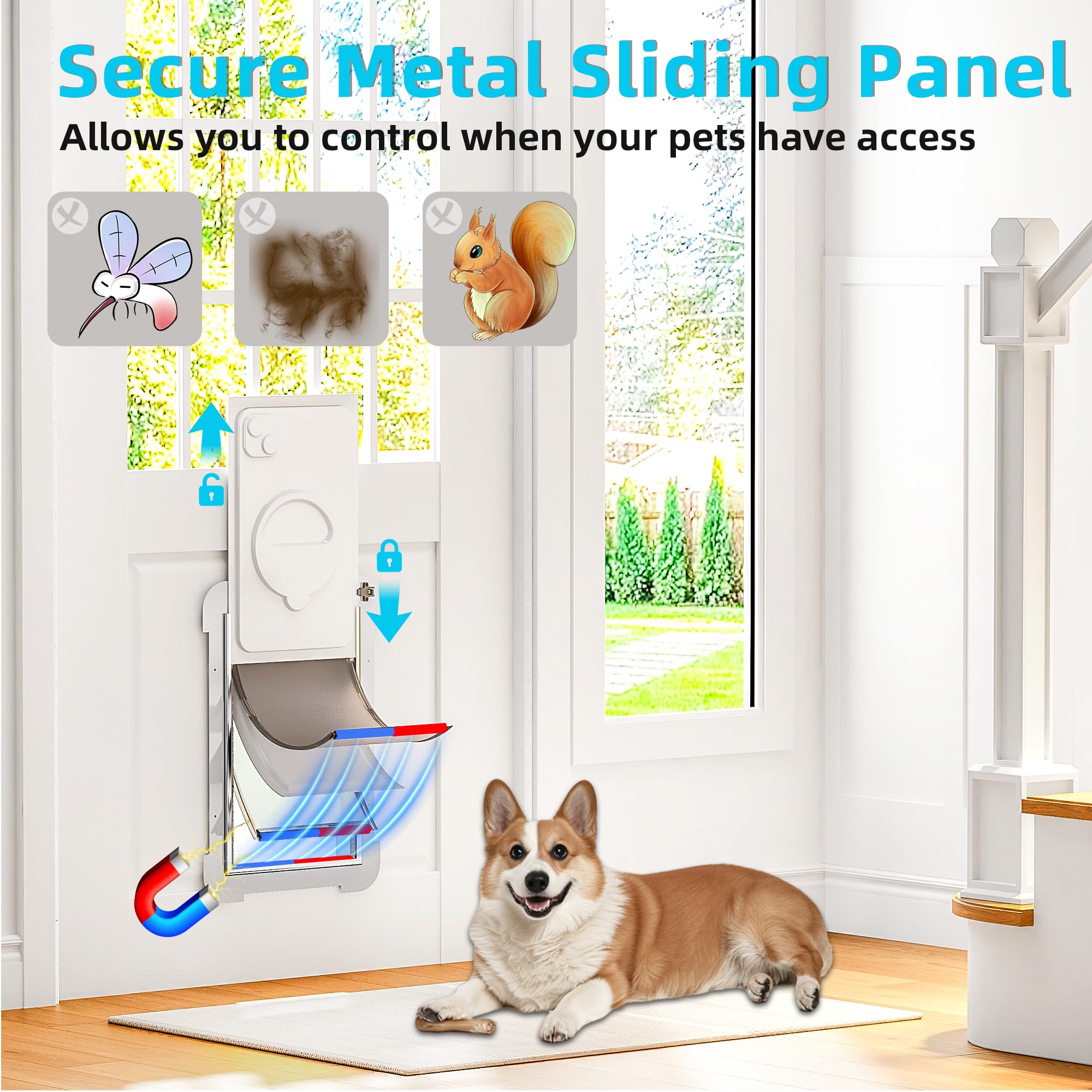 3-Flap Medium Dog Door For Door With Metal Sliding Lock Panel, Energy Efficient Pet Door With Steel Frame, Telescoping Tunnel,Ne
