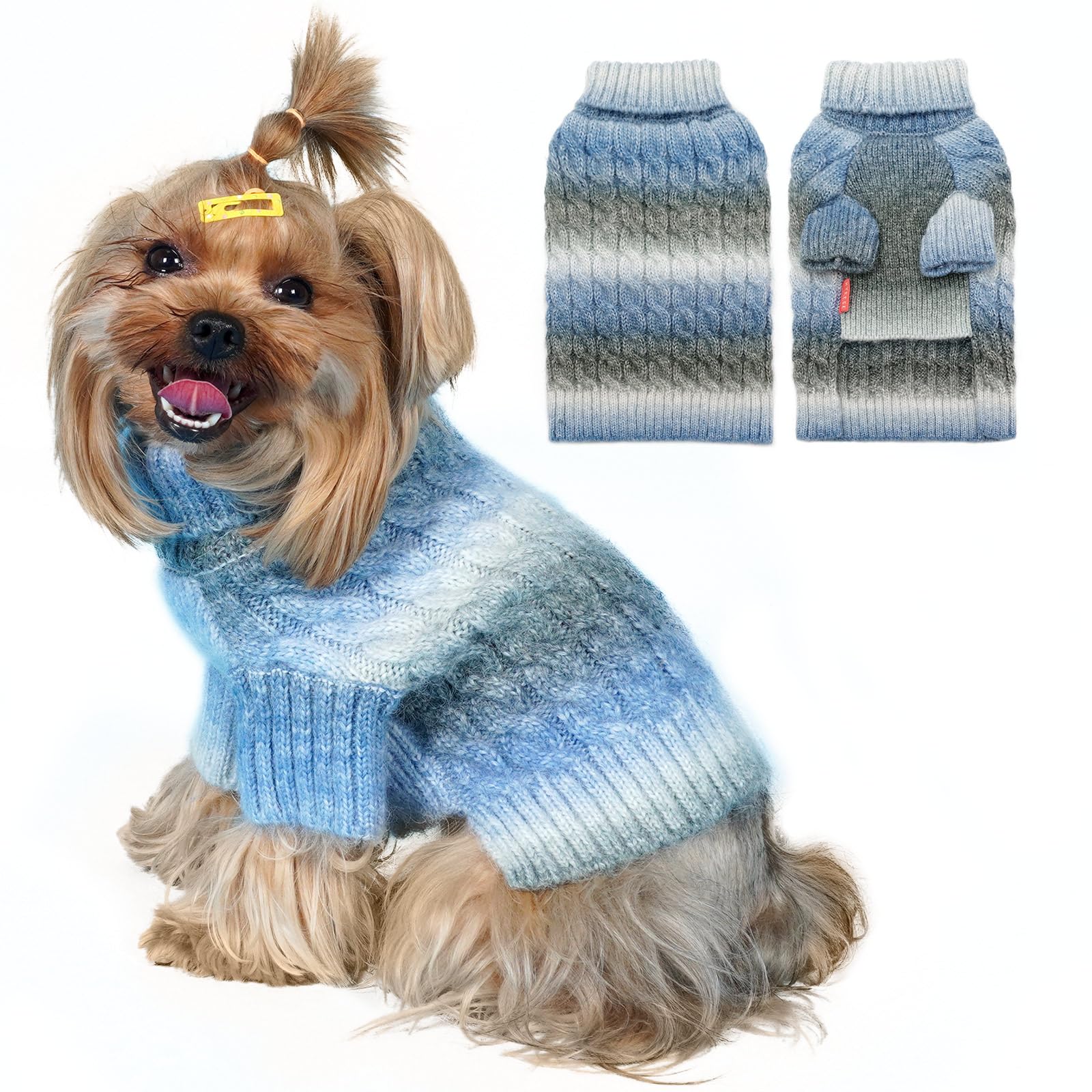 Kyeese Dog Sweater For Small Dogs Thick Dog Knitwear Turtleneck Warm With Sleeves Fuzzy Dogs Clothes Gradient Color, Blue, Mediu