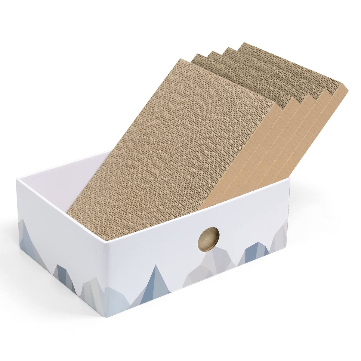 Conlun Cat Scratcher Box With Cat Scratching Pad - Portable 3-Layer Corrugated Cardboard Lounger Heavy-Duty Double-Sided Cardboard Cat Scratcher And Interactive Hole Design,White Medium-5 Pack