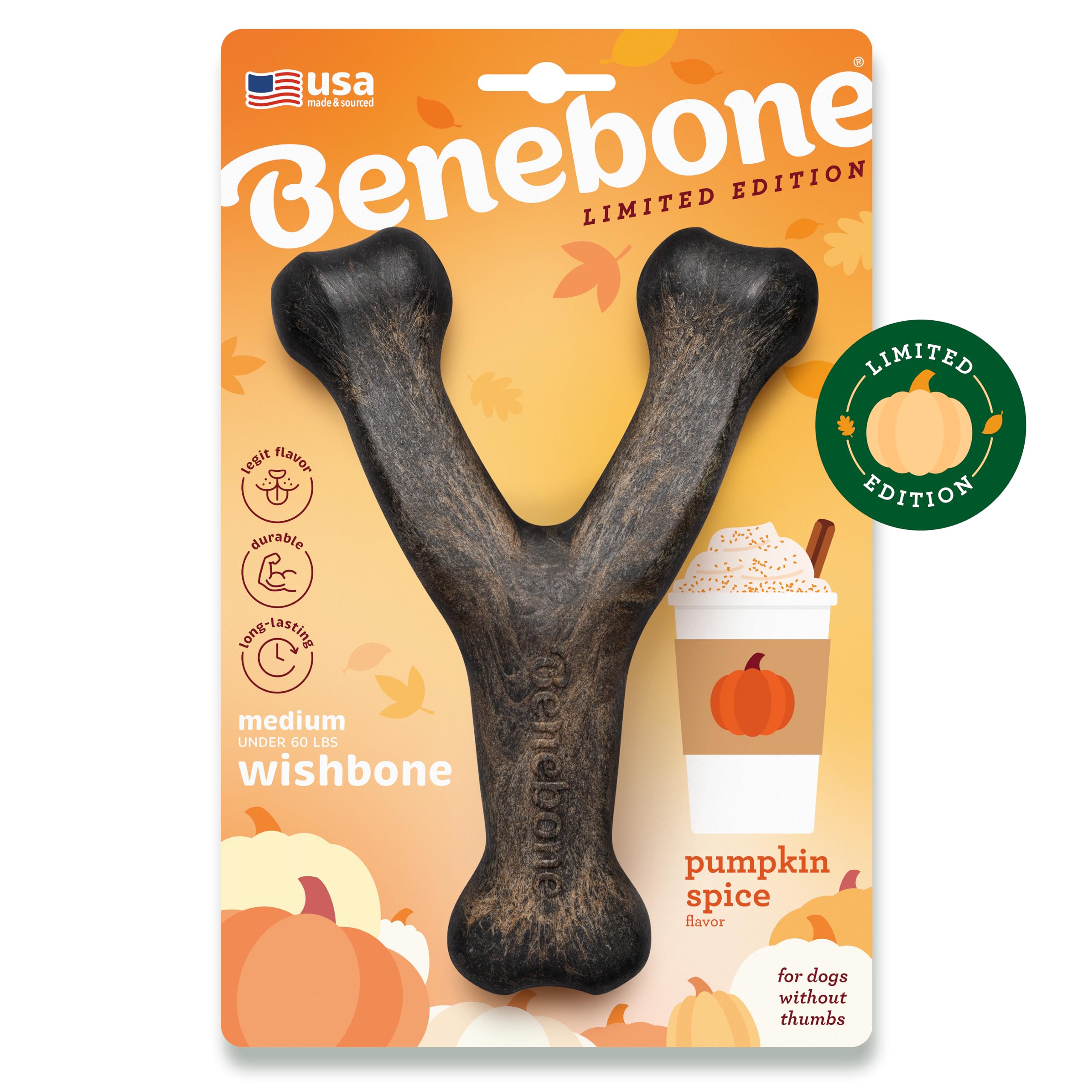 Benebone Pumpkin Spice Wishbone - Limited Edition Flavor, Durable Dog Chew Toy for Aggressive Chewers, Made in USA, Medium