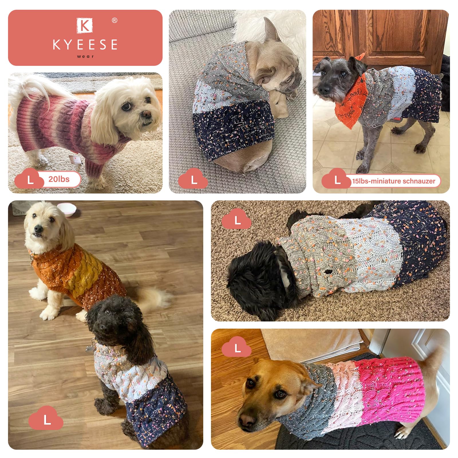 Kyeese Dog Sweater Cable Knit Thick Dog Knitwear Turtleneck Warm With Sleeves Fuzzy Dogs Clothes Gradient Color, Brown, Large