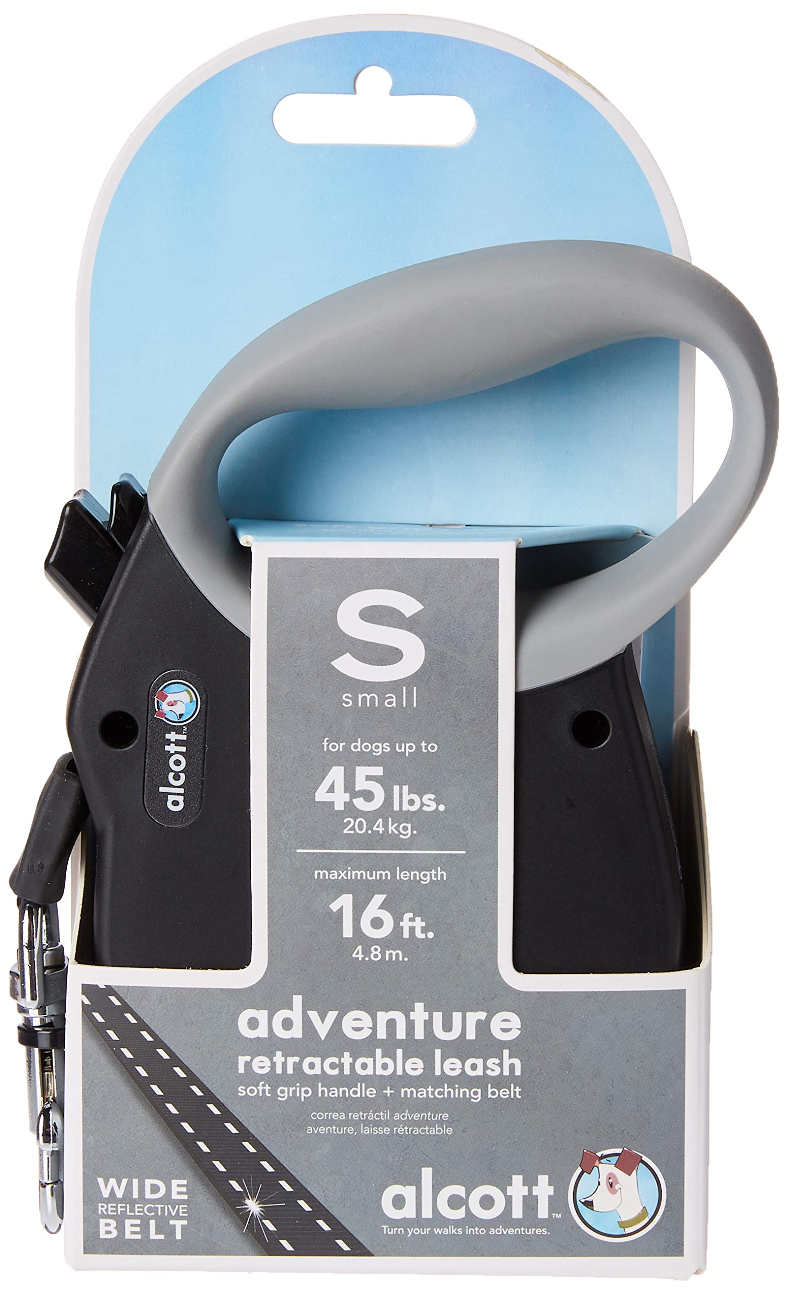 Alcott Adventure Retractable Reflective Belt Leash, 16' Long, Small For Dogs Up To 45 Lbs, Black With Grey Soft Grip Handle,Rlsh