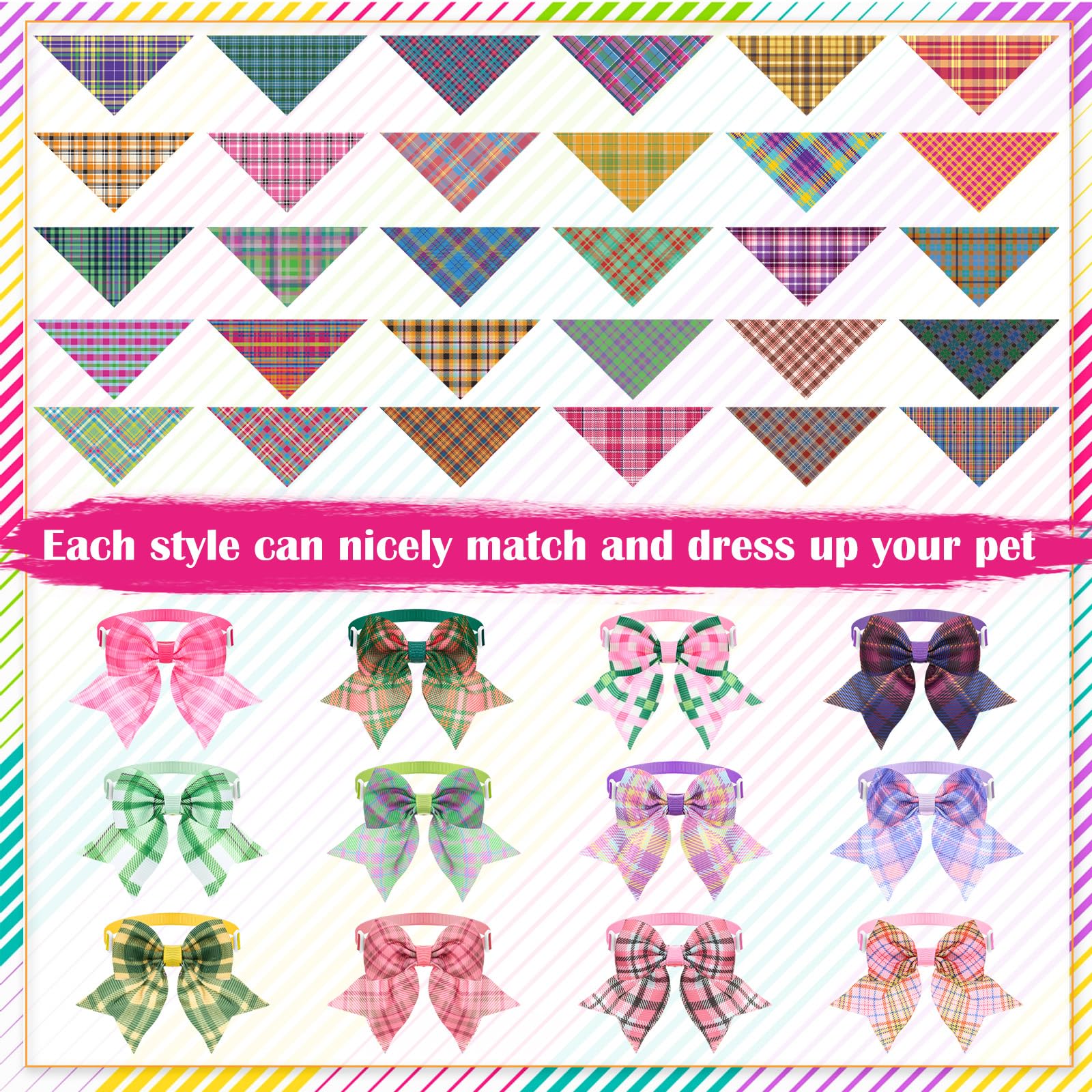 Sanwuta 108 Pcs Dog Bandanas Bulk for Summer Soft Breathable Dog Stripe Plaid Patterns Ties Adjustable Pet Collar Bowtie Triangl