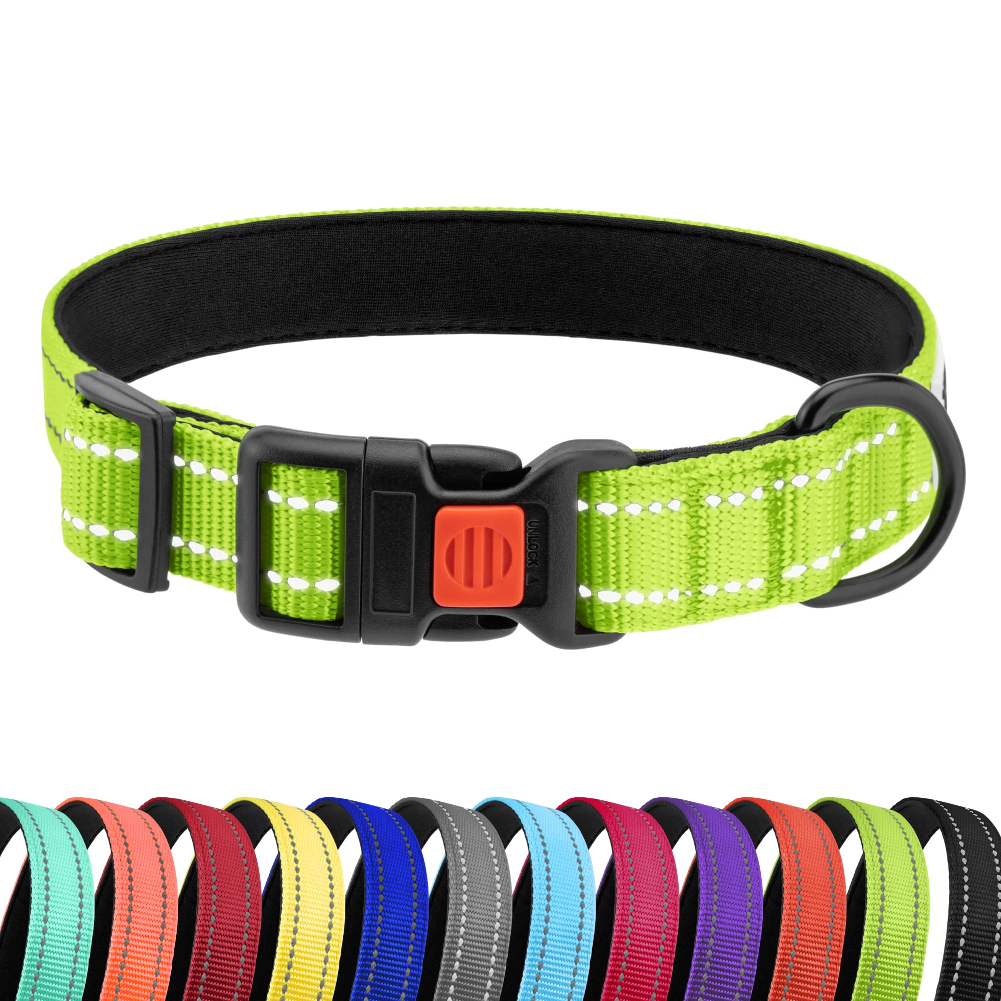 Collardirect Reflective Padded Dog Collar For A Small, Medium, Large Dog Or Puppy With A Quick Release Buckle - Boy And Girl - Nylon Suitable For Swimming (18-26 Inch, Lime Green)