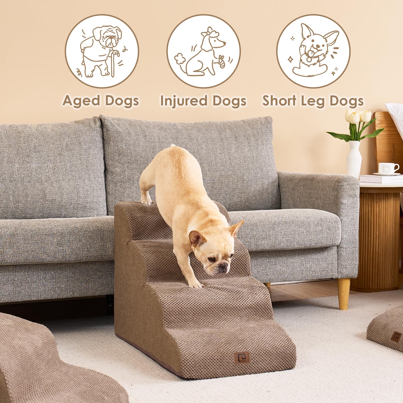 Eheyciga Curved Dog Stairs Ramp For High Beds 19.7' H, 4-Step Dog Steps For Small Dogs And Cats, Pet Stairs For High Bed Climbing, Non-Slip Balanced Pet Step Indoor, Camel