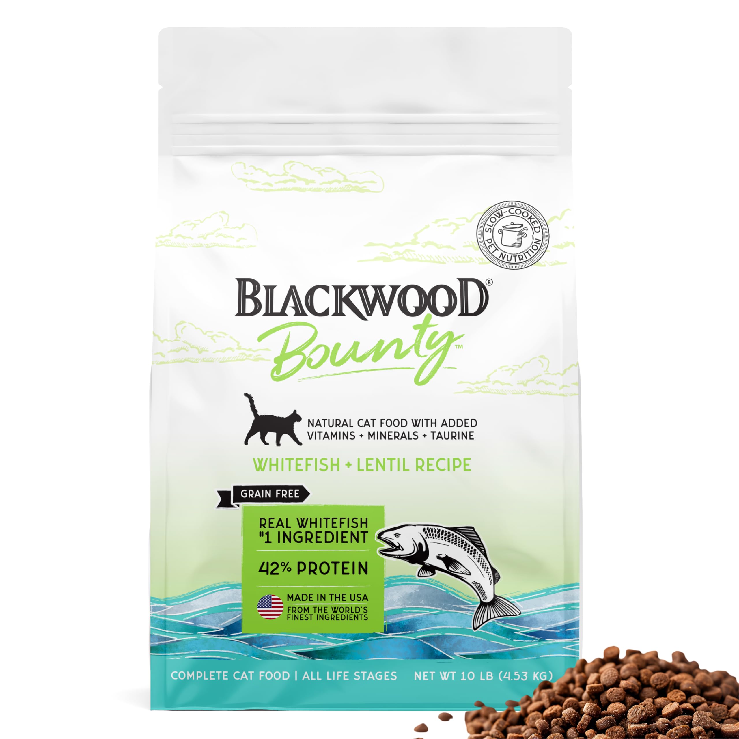 Blackwood Bounty Dry Cat Food, Whitefish & Lentil Recipe for All Life Stages, 10 Pound Bag, High Protein, Grain Free
