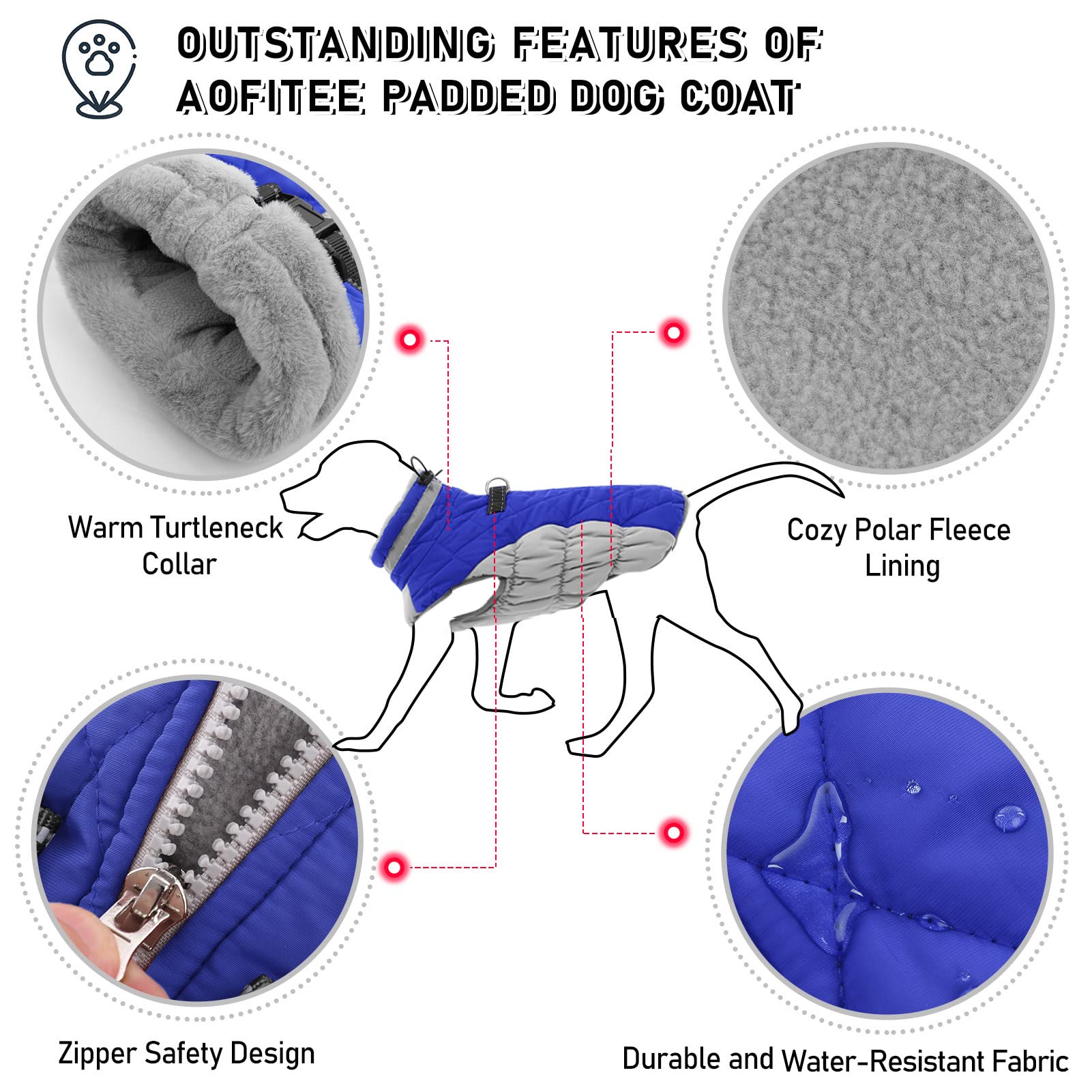 Aofitee Winter Dog Coat Warm Fleece Dog Jacket For Cold Weather, Reflective Zip Up Puppy Dog Sport Vest With Leash Rings, Outdoor Pet Sweater Apparel Clothes For Small Medium Large Dogs, Blue M