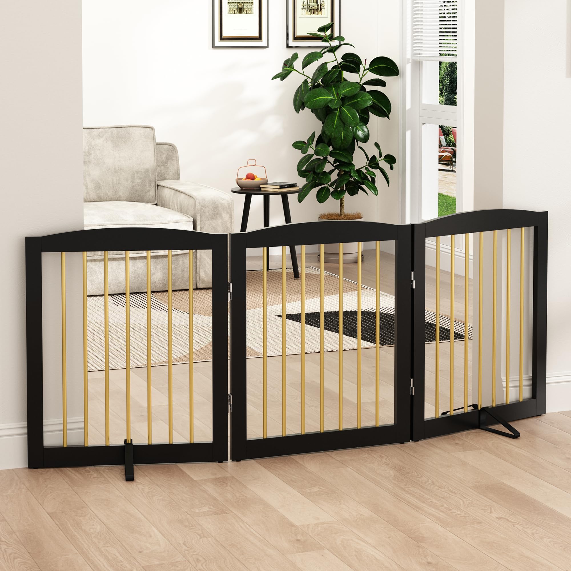 PUPETPO Freestanding Pet Gate for Dogs, Foldable Wooden Dog Gate for House, Indoor Dog Gate for Doorways, Stairs, Step Over Pet 