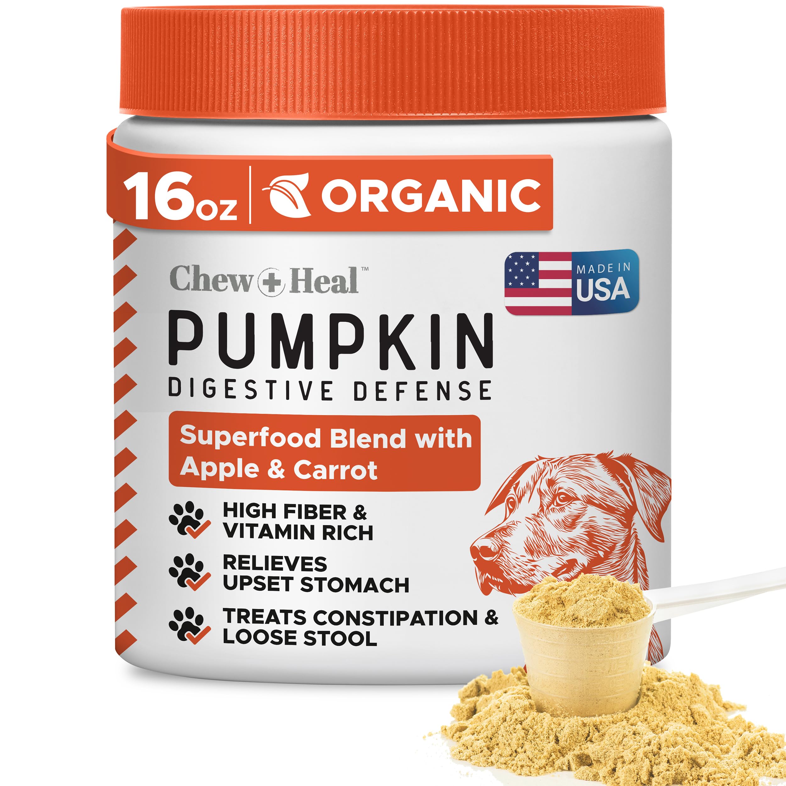 Organic Pumpkin Powder for Dogs - 16 oz of Powder for Dog Digestion with 5cc Scoop - Made with Pumpkin, Apple, and Carrots - Mad