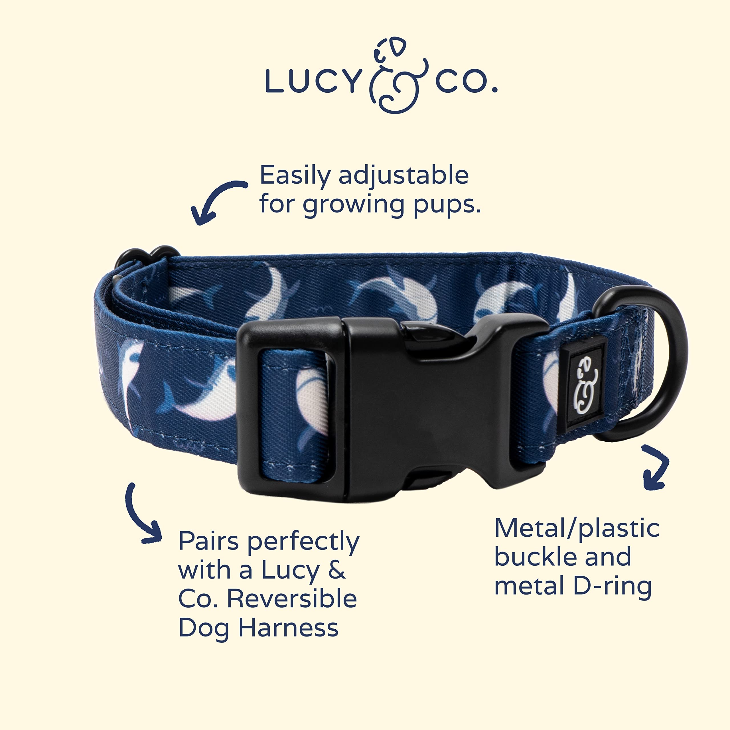 Lucy & Co. Shark Attack Dog Collar - Durable Lightweight Designer Collar For Pets - Adjustable Metal Safety Buckle - Navy White