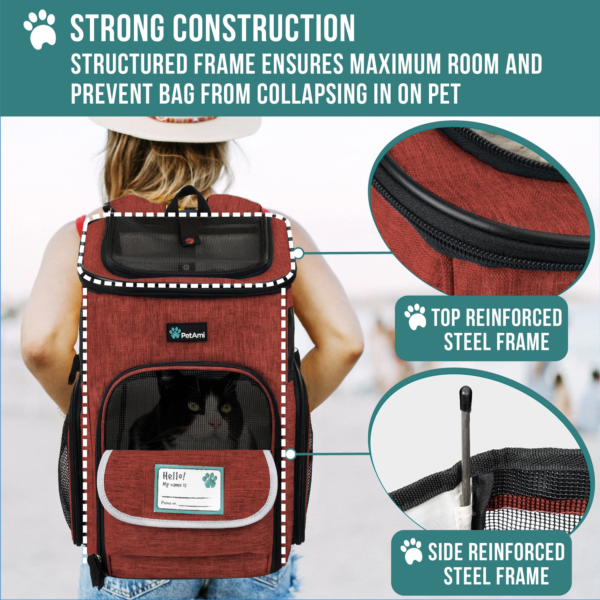 Petami Dog Backpack Carrier, Airline Approved Cat Backpacks For Carrying Small Large Cats, Pet Carrier Back Pack, Ventilated Soft Sided Dog Cat Bookbag For Travel, Hiking, Camping, Red