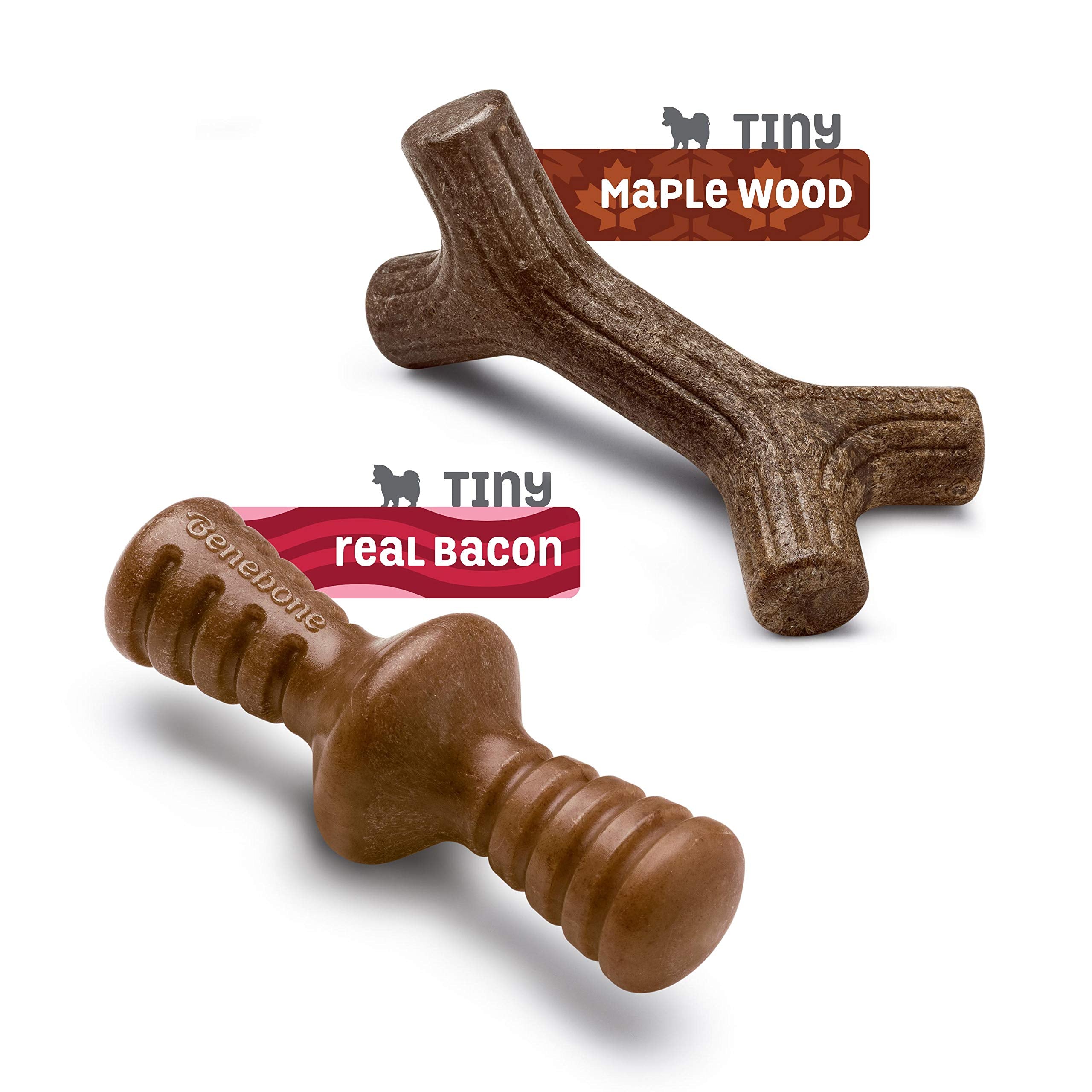 Benebone 2-Pack Maplestick/Zaggler Durable Dog Chew Toys, Real Bacon, Real Maplewood, Made In Usa, Tiny, Extra Small, Brown