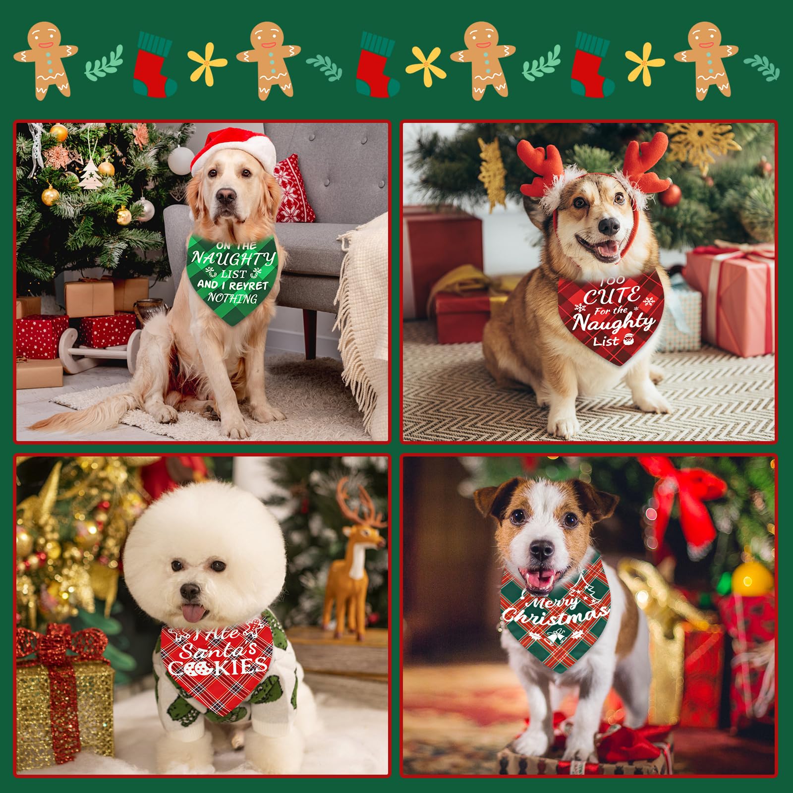 4 Pack Merry Christmas Dog Bandanas - Classic Triangle Plaid Christmas Bandanas For Dogs - Fun Pet Holiday Accessories