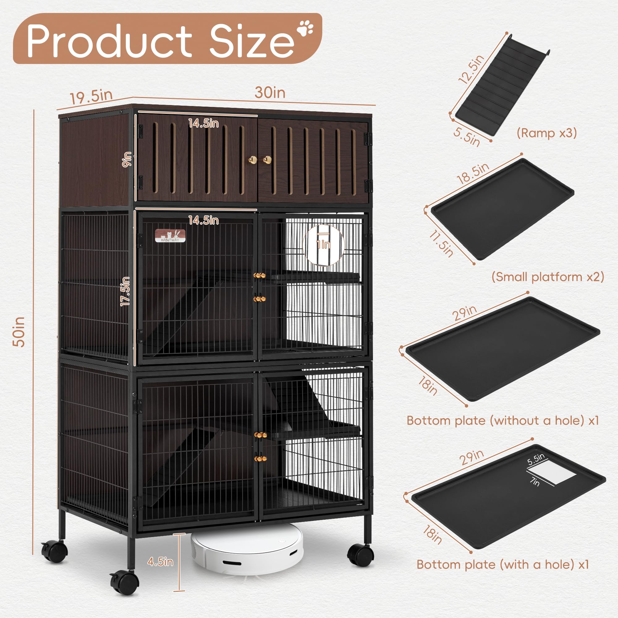 Habutway 50''H Metal Large Ferret Cage, Rolling Chinchilla Cage With Removable Ramps& Double Door, Critter Nation With Locker, R