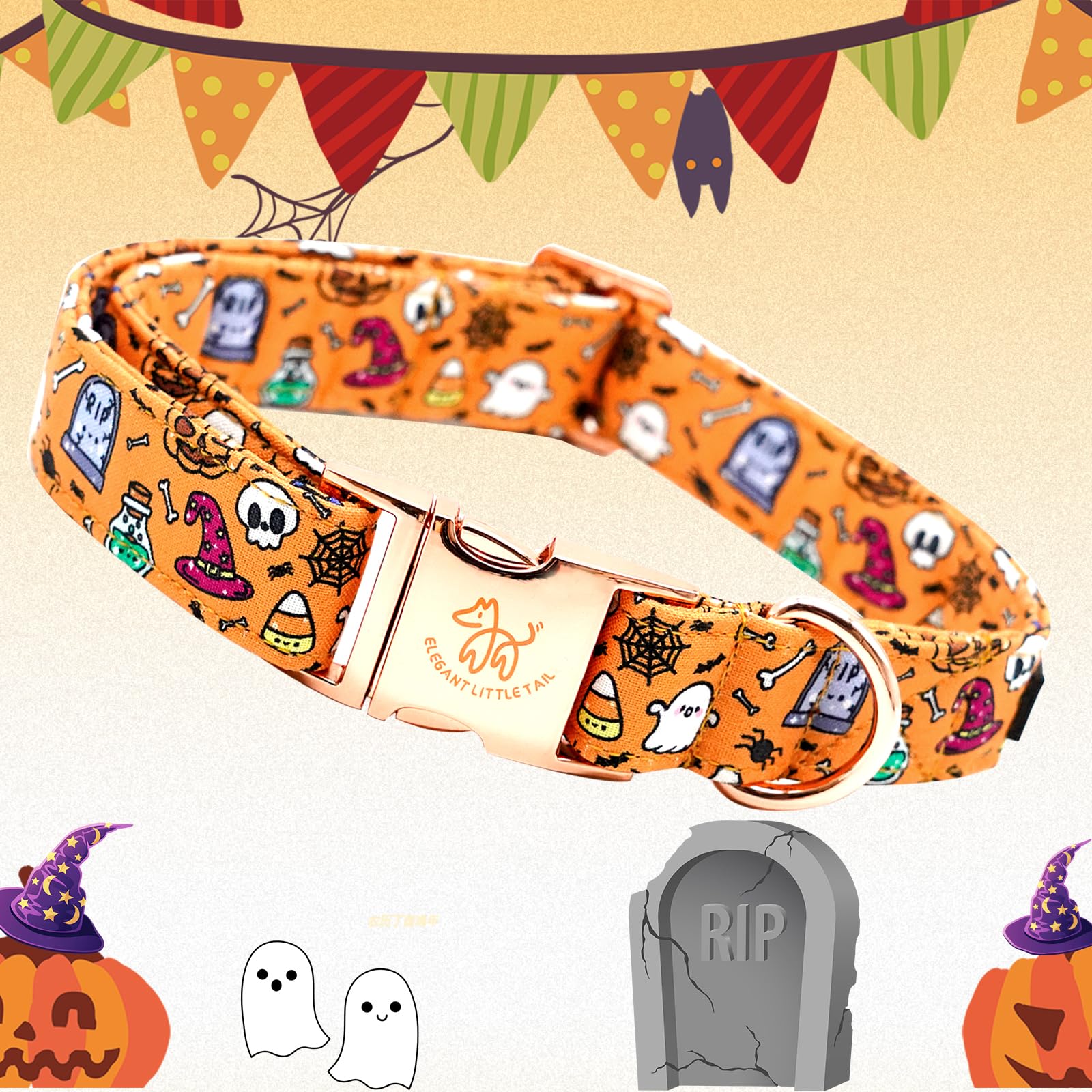 Elegant Little Tail Pumpkin Print Cotton Adjustable Dog Collar For X-Small Puppy