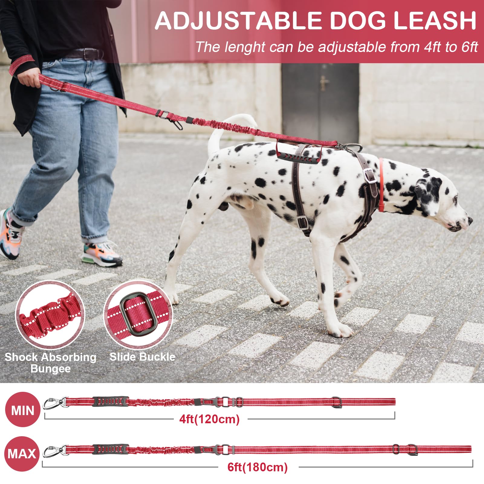 Tactical Dog Leash Heavy Duty, 4-6FT Shock Absorbing Bungee Dog Leash, Reflective Military Strong No Pull Dog Leash with 2 Padde