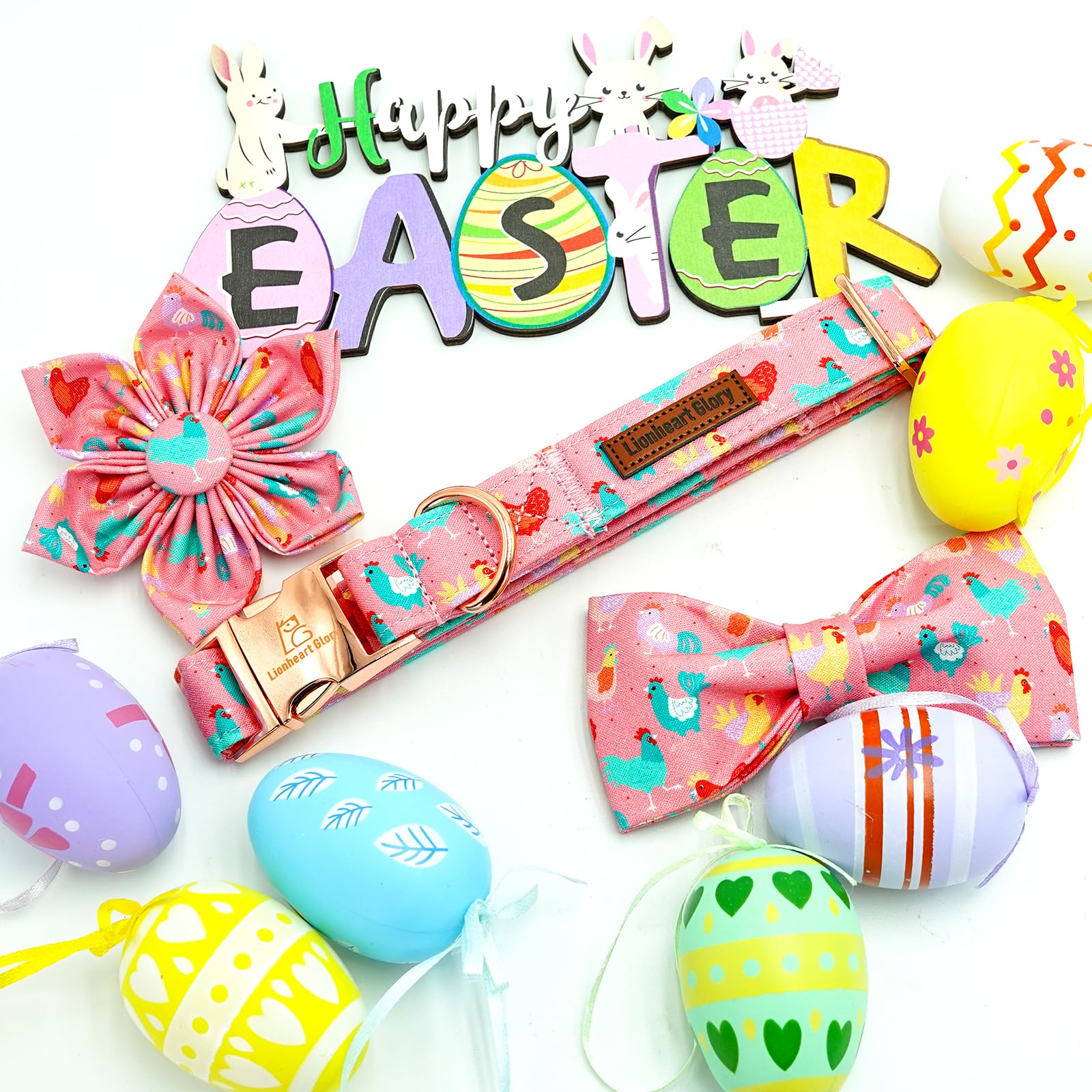 Lionheart Glory Dog Bow Collar Easter Day Dog Collar For Small Dogs,Easter Chickens Colorful Dog Collars With Bowtie Spring Pink