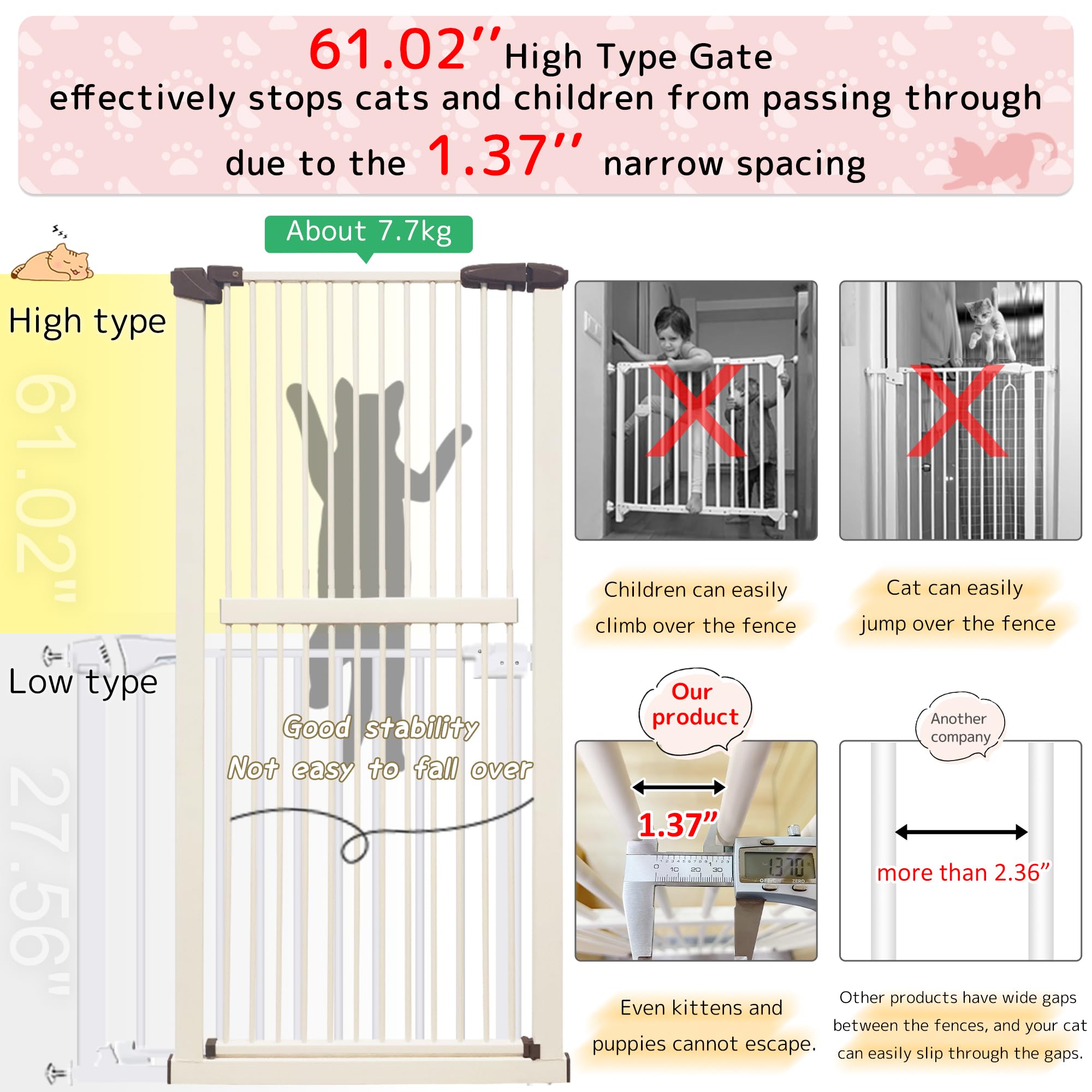 Lumizone Extra Tall Cat Gate 61.02' High Pressure Mounted Extra Wide 34.06'-38.38' (17Sizes) 1.37' Gap No Drilling Auto-Close Tall Pet Gate For Dogs (Cream, 34.06'-38.38'/86.5-97Cm)