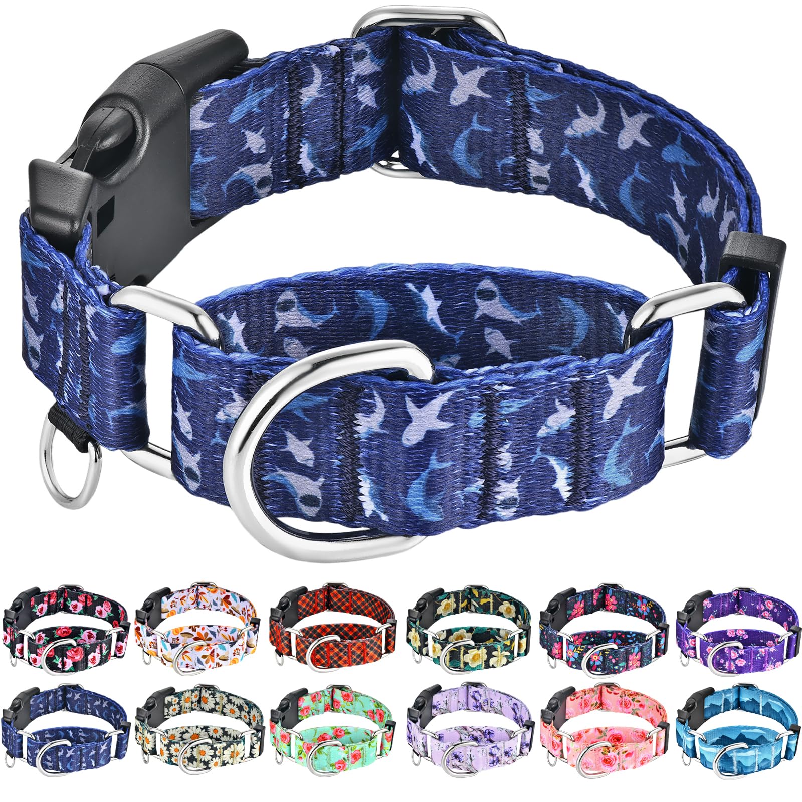 Fidohug Martingale Collar For Dogs With Buckle Shark Dog Collar Adjustable Soft Nylon Boy Dog Collars For Small Dogs, Deep Blue 