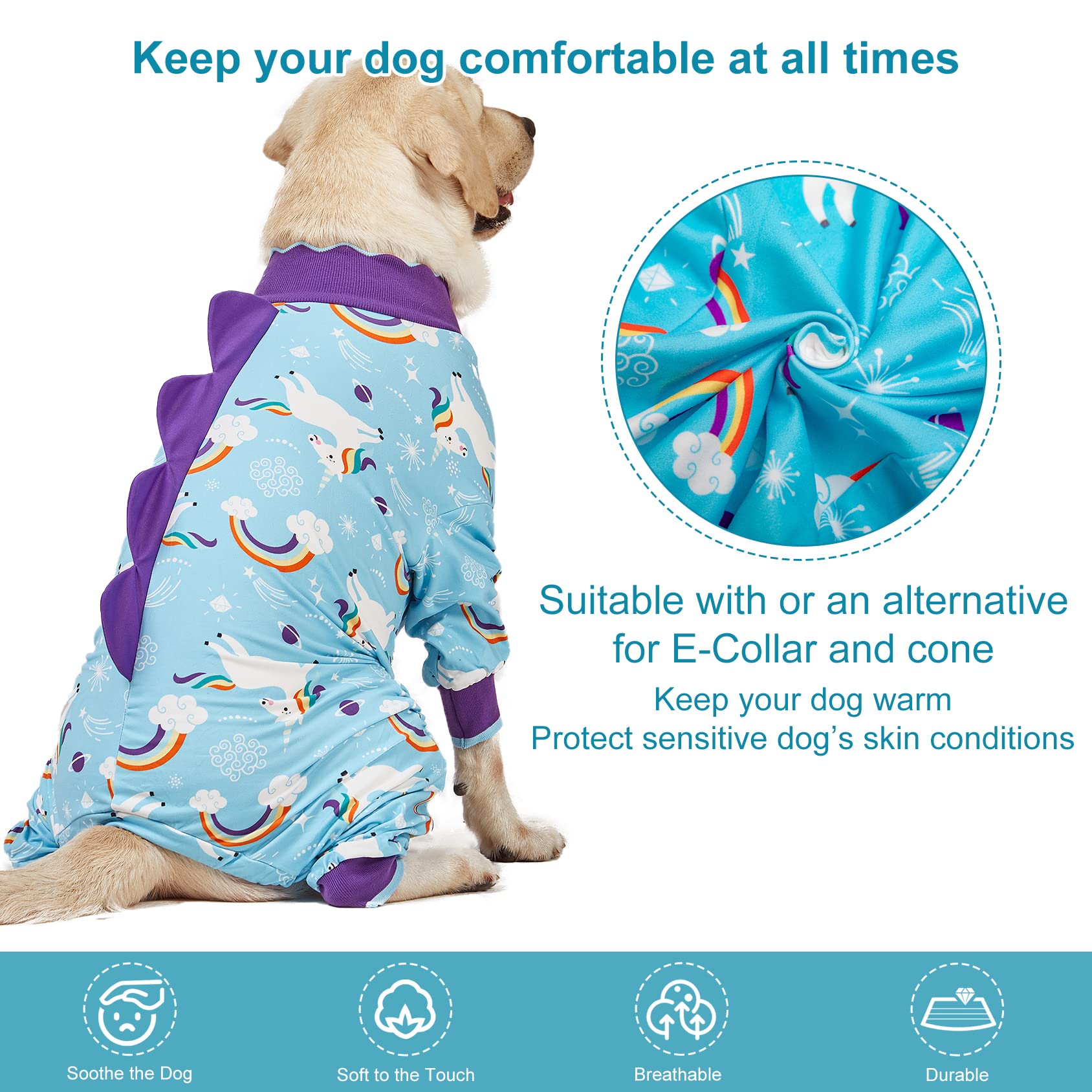 Lovinpet Large Dog Pajamas: Anti Licking Dog Recovery Clothes, Kightweight Onesie, Starlight Rainbow/Wild Horse Prints Mastiff P
