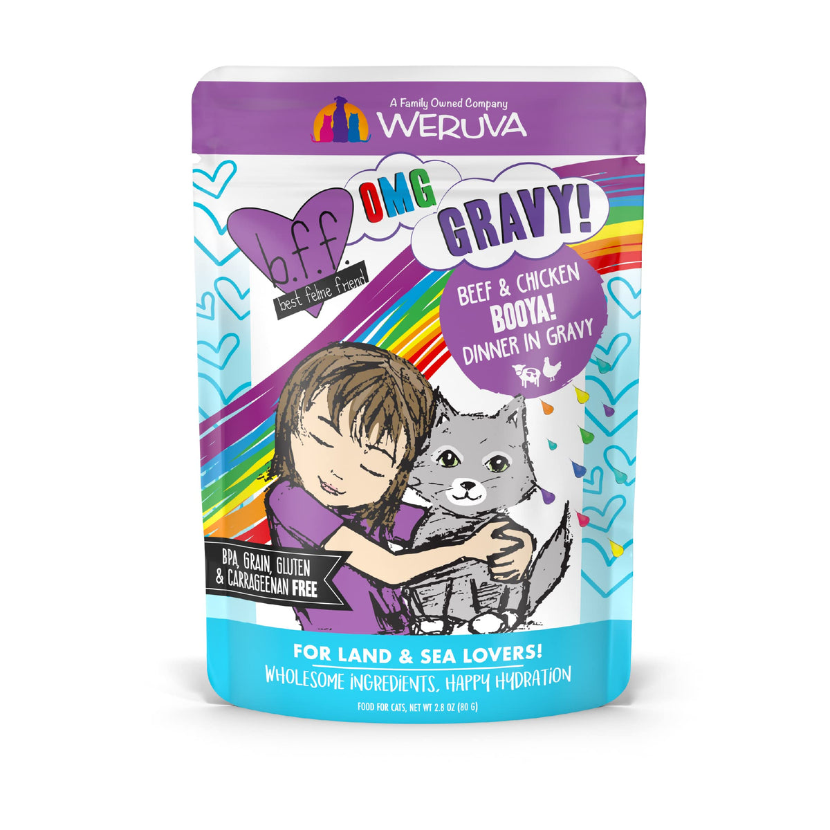 Weruva B.F.F. Omg - Best Feline Friend Oh My Gravy!, Booya! Beef & Chicken In Gravy Cat Food, 2.8Oz Pouch (Pack Of 12)
