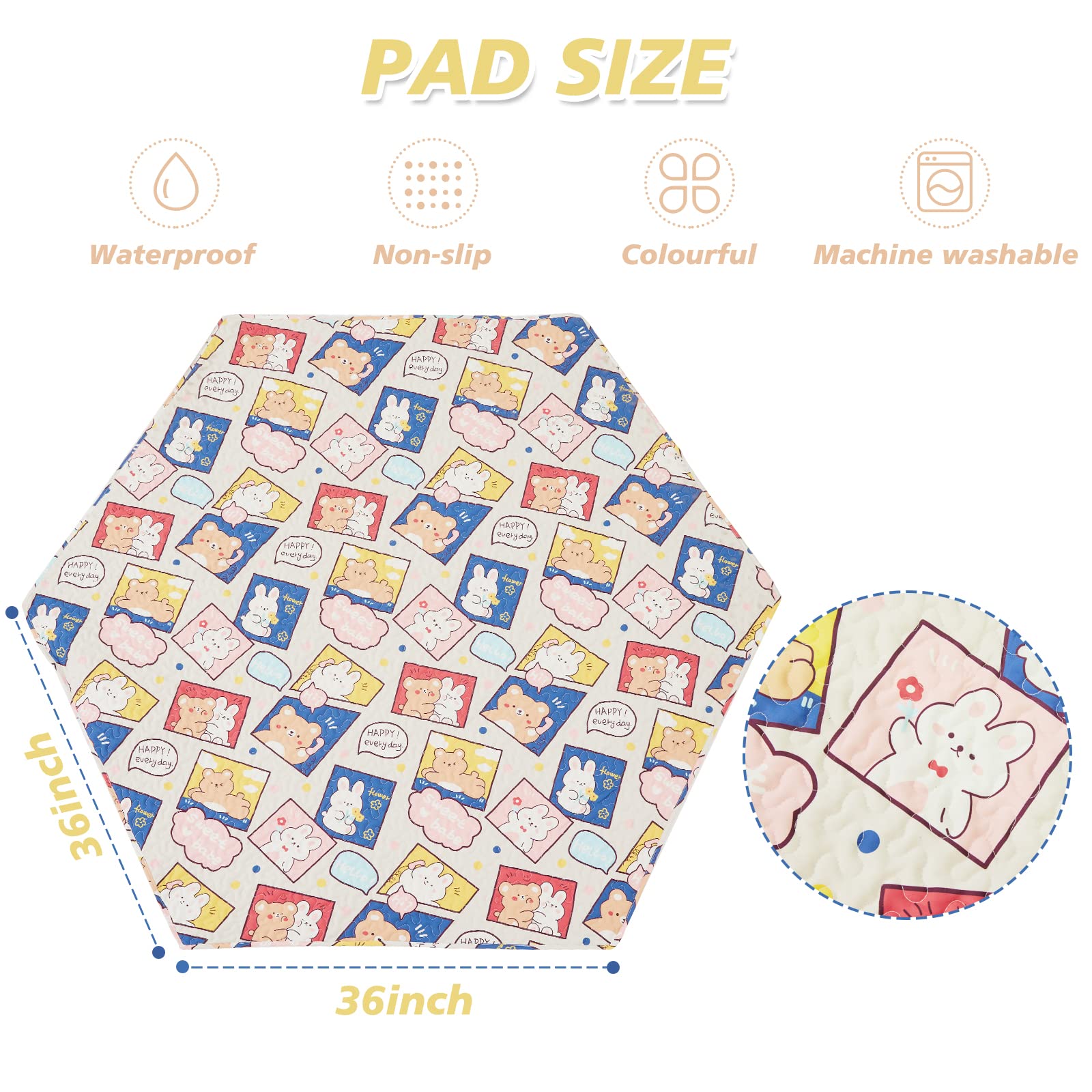 Pjyucien Machine Washable Hexagonal Dog Playpen Mat, 36 Inches Wide, Non-Slip Pet Pen Pee Pad, Suitable For Indoor/Outdoor Puppy