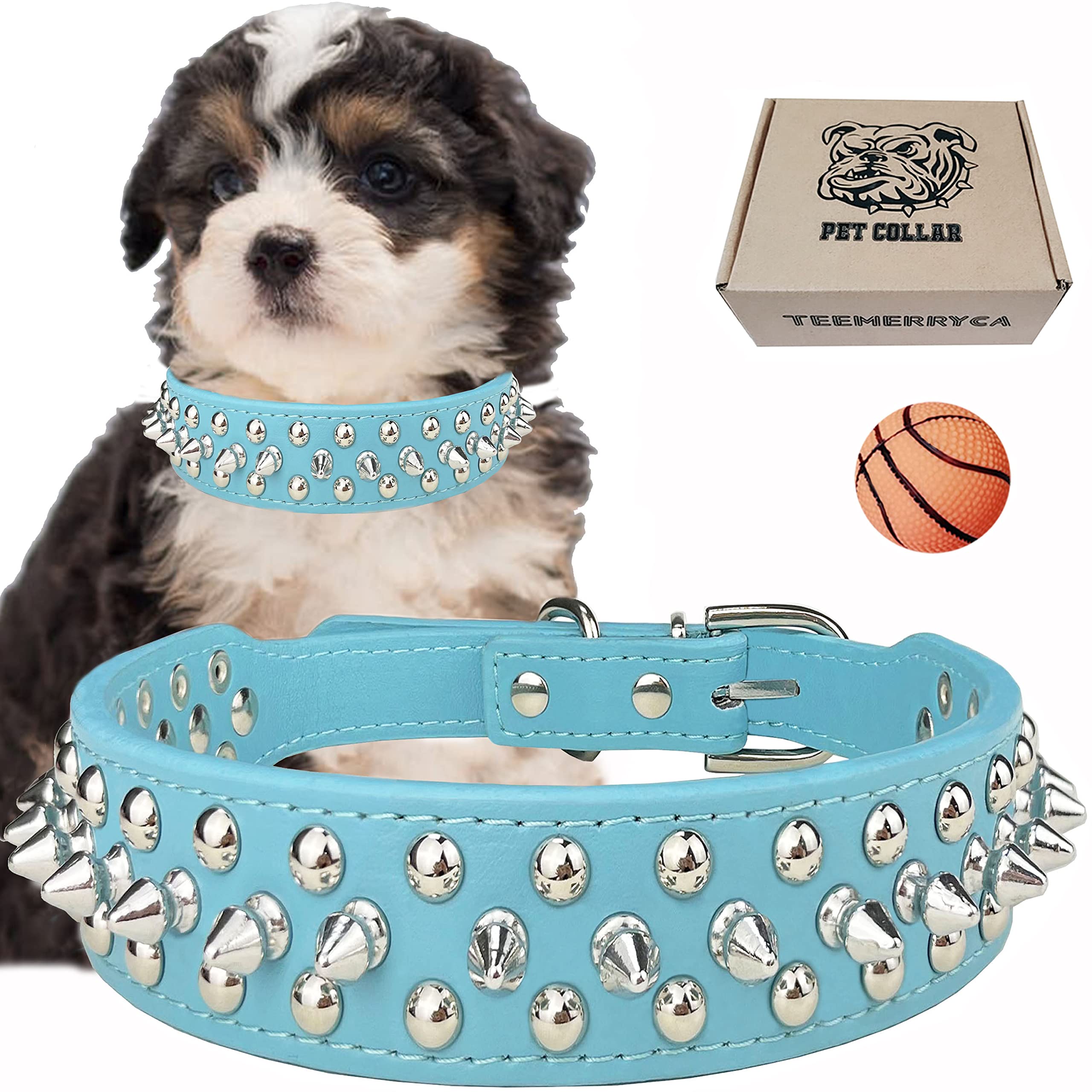 Teemerryca Adjustable Microfiber Leather Spiked Studded Dog Collars With A Squeak Ball Gift For Small Medium Large Pets Like Cat