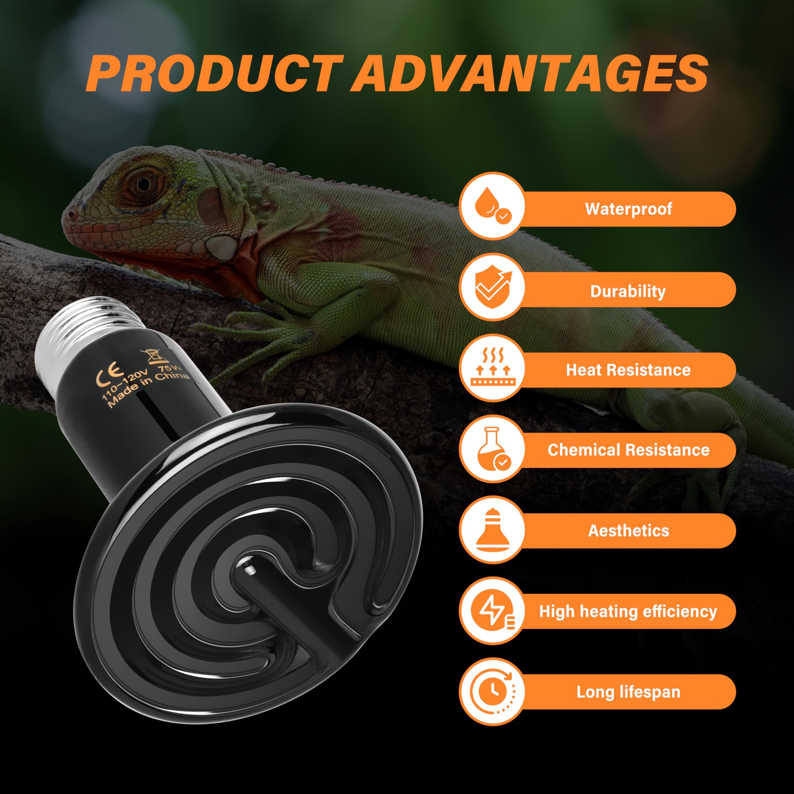 HealSmart Reptile Heat Lamp 75W 2-Pack Ceramic Heat Emitter, No Light Emitting Heat Bulbs for Amphibian Pet Brooder Coop Incubat