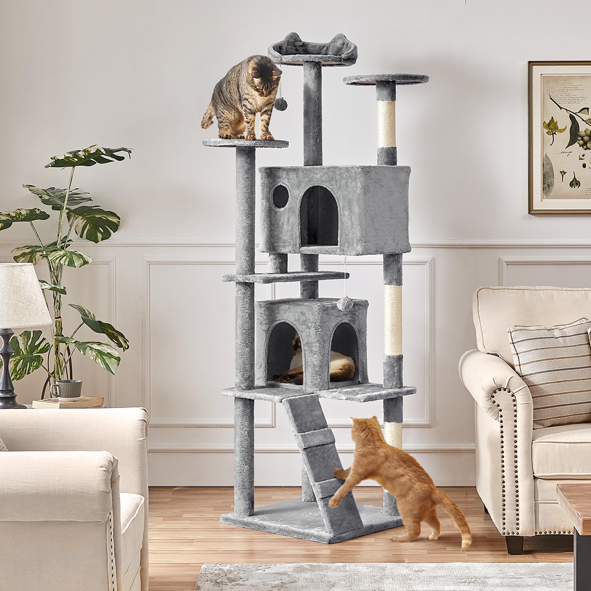 Yaheetech Tall Cat Tree, 80In Multi-Level Tower With Scratching Posts, Double Cat Caves, Perched Platforms, Dangling Balls, Kitt