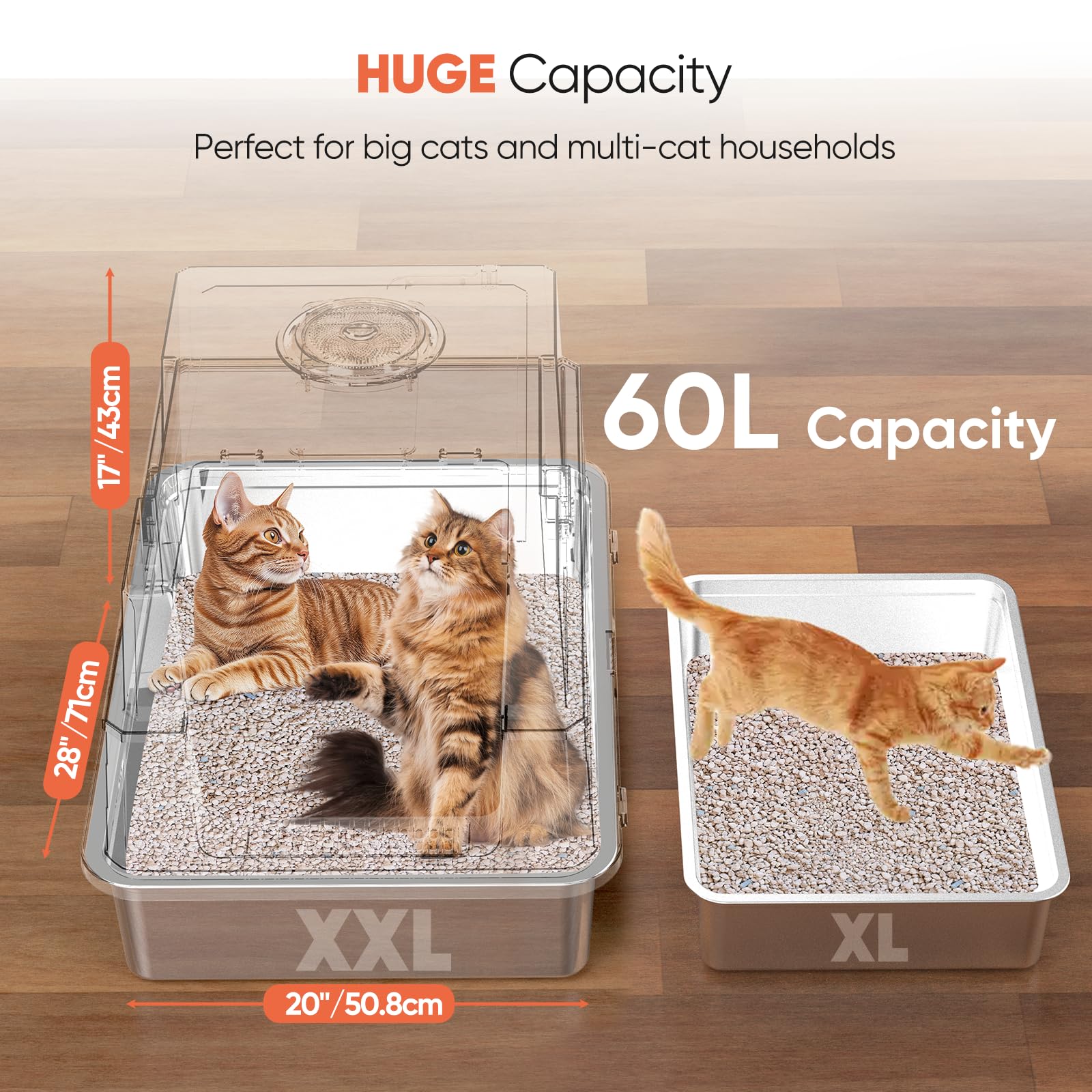 Elegx Xxxl Extra Large 28'' L  20'' W Odor-Control Stainless Steel Cat Litter Box, 4-In-1 Cat Metal Litter Box Set,Enclosed Remo