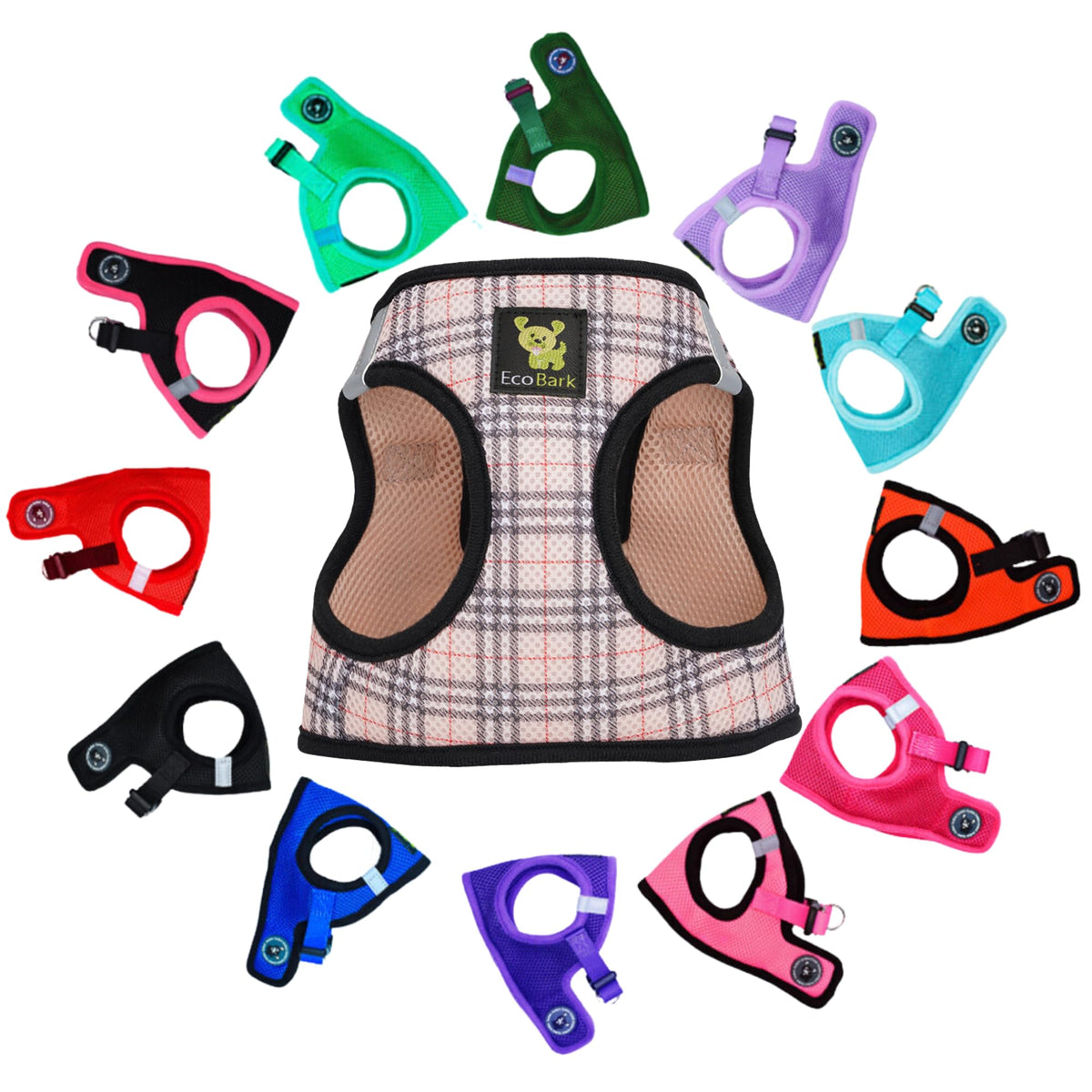 Ecobark Step In Dog Harness - Eco-Friendly Teacup Dog Harnesses For Xxs, Xs, And Small Dogs - Reflective And Adjustable Mini Body Halter Vest -Tiny Soft Mesh Toy Breed Harness (Beige Plaid, Xs)