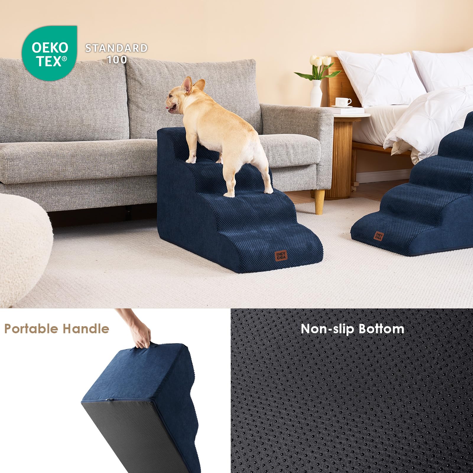 Eheyciga Curved Dog Stairs Ramp For High Beds 19.7' H, 4-Step Dog Steps For Small Dogs And Cats, Pet Stairs For High Bed Climbing, Non-Slip Balanced Pet Step Indoor, Navy