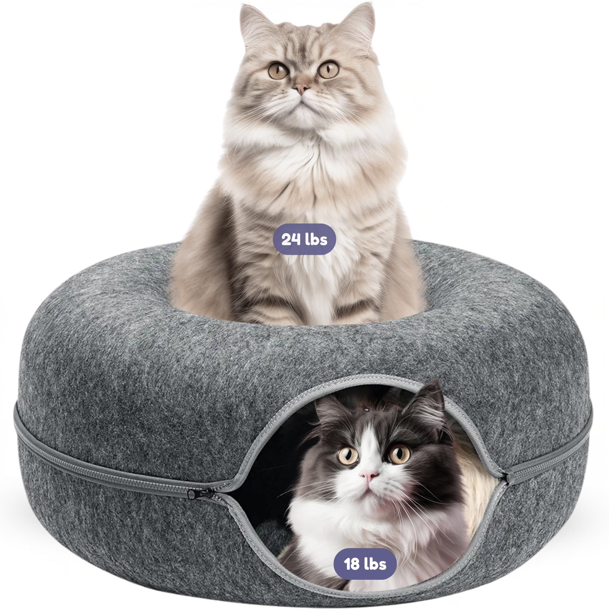Peekaboo Large Cat Cave & Donut Bed - Scratch-Resistant, Washable Cat Tunnel Bed For Large Indoor Cats Up To 30 Lbs. (Dark Gray)