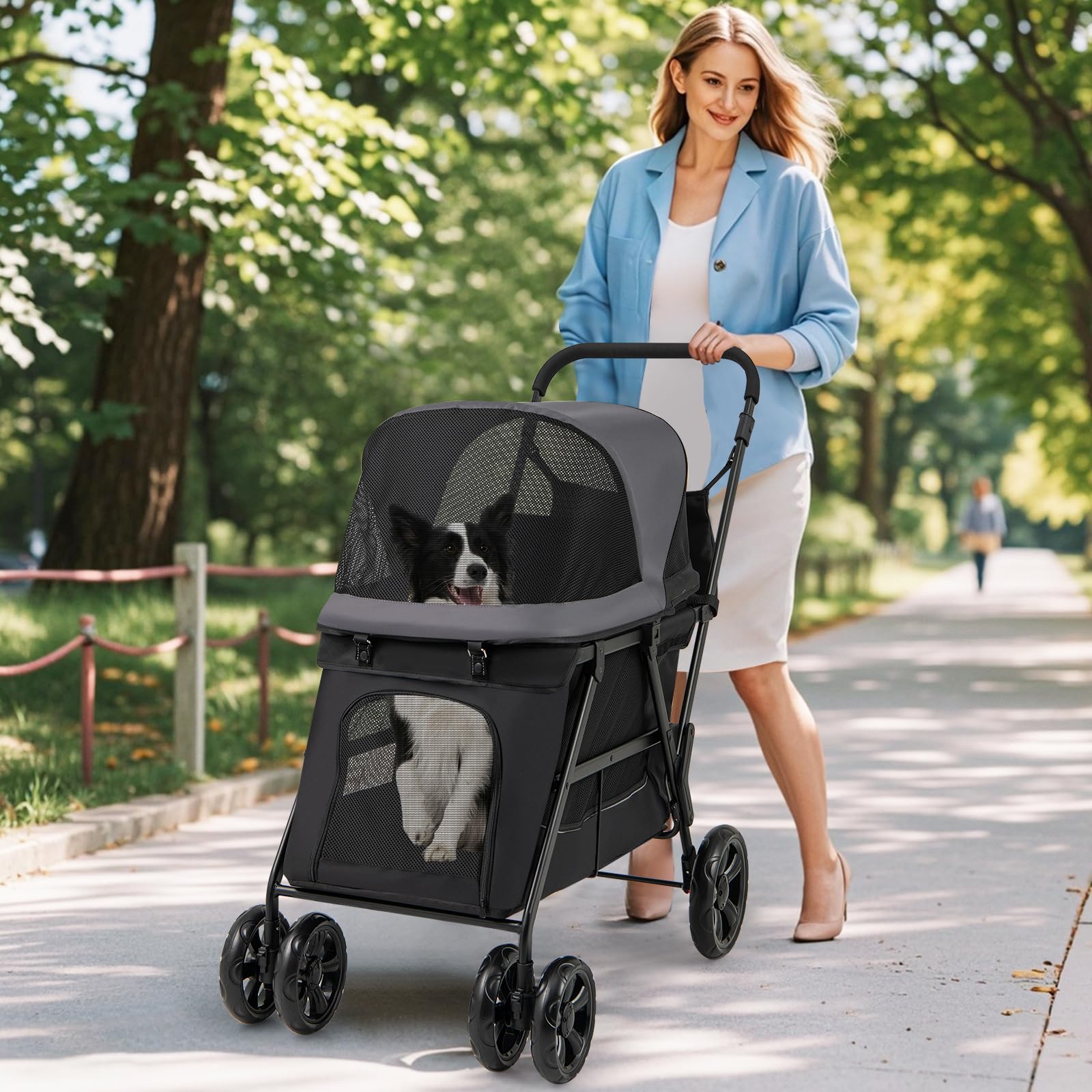 Giantex Dog Stroller With Low Entry & Ramp Access, Cat Stroller With Lockable & Shock-Absorbing All-Terrain Wheels, Folding Pet