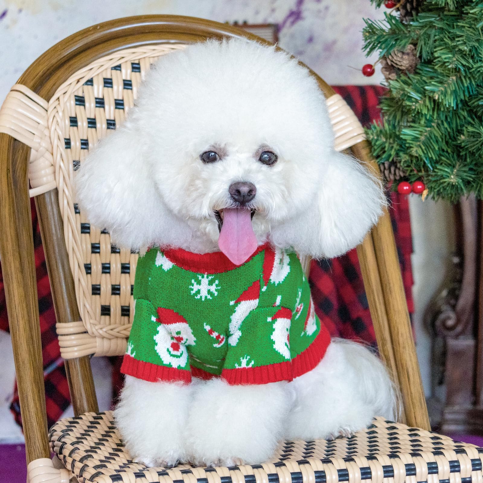 Cutebone Christmas Green Dog Sweater For Small Medium Dogs Santa Claus Knit Turtleneck Pet Winter Clothes Cat Apparel With Harne