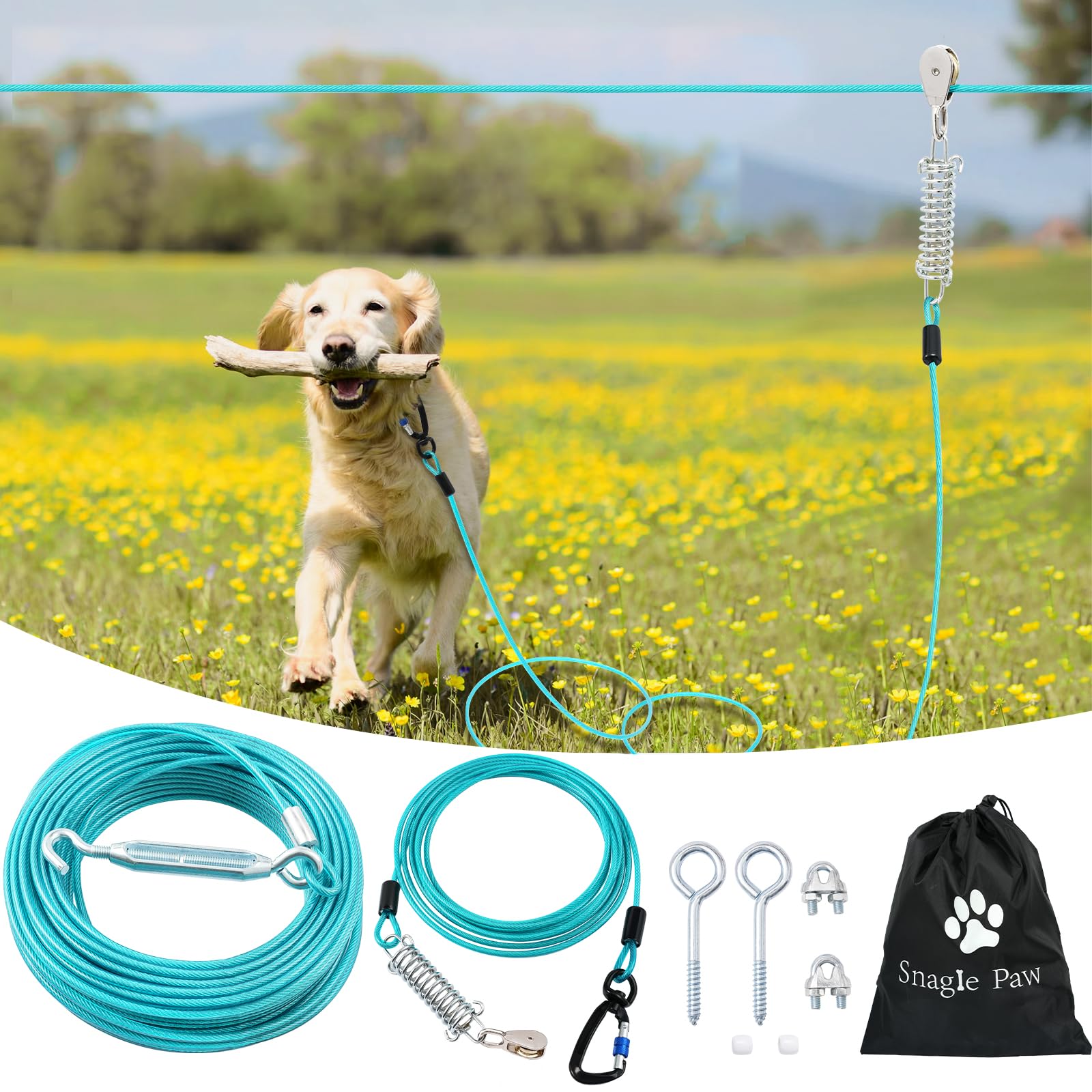 Snagle Paw Dog Runner For Yard,Heavy Duty Trolley System For Large Dogs,Dog Tie Out Run Cable,Dog Zip Line 100Ft With 10Ft Pulle