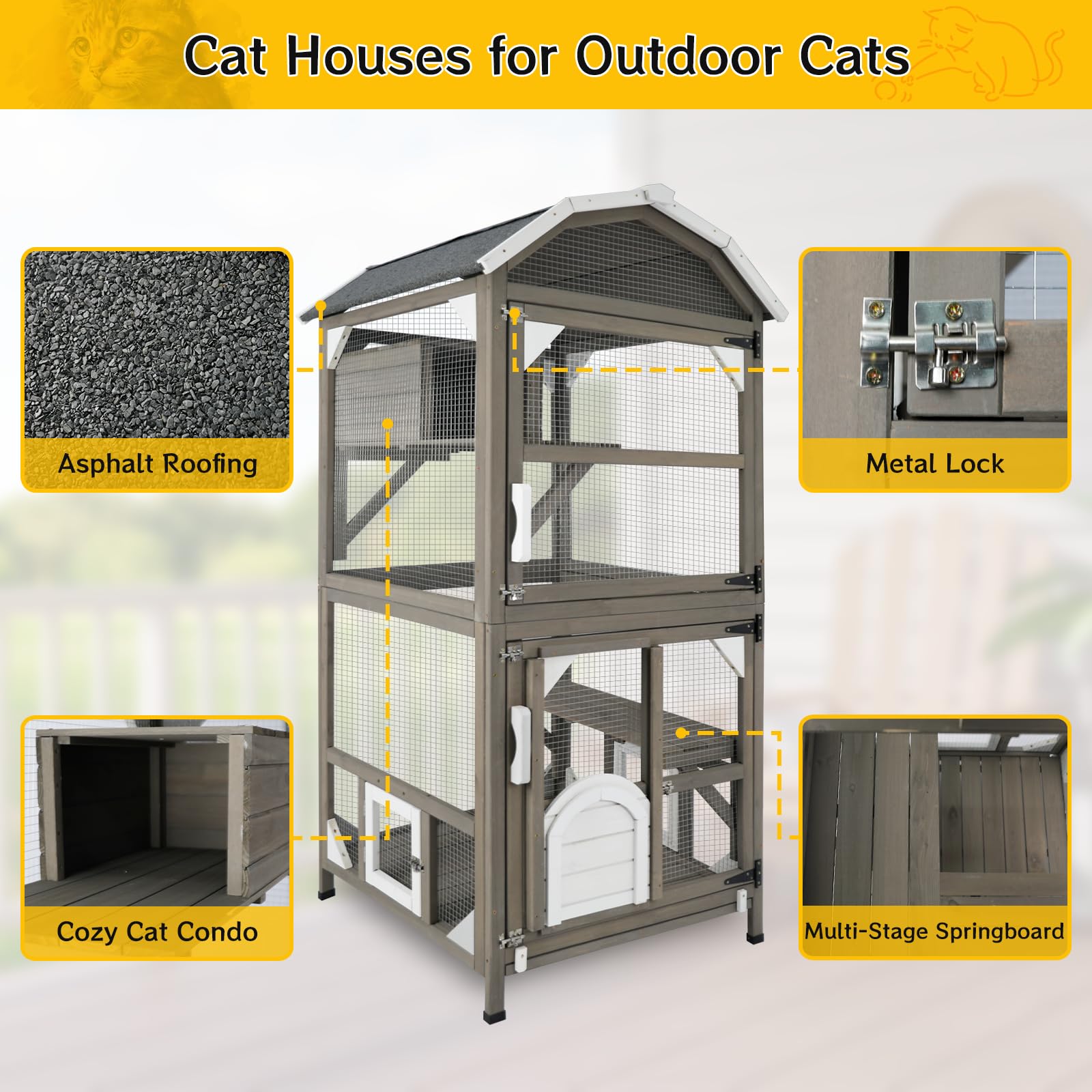 Catio Cat House Outdoor Cat Enclosure Window Large Cat Cage Indoor Outdoor with Multiple Platforms Waterproof Roof and Resting B