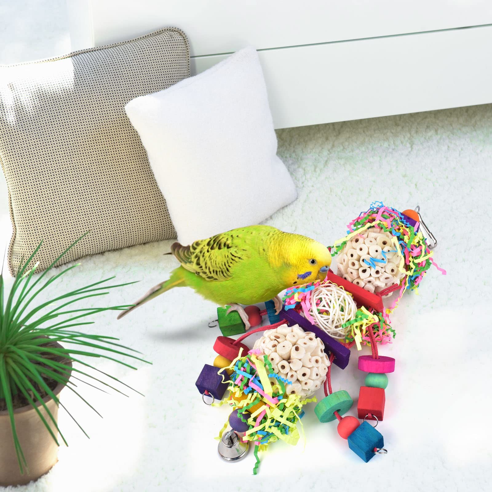 Bissap Conure Toys, Bird Parrot Foraging Shredder Hanging Toys Sola Balls Sepak Takraw with Bell for Small Parrots Parakeets Con