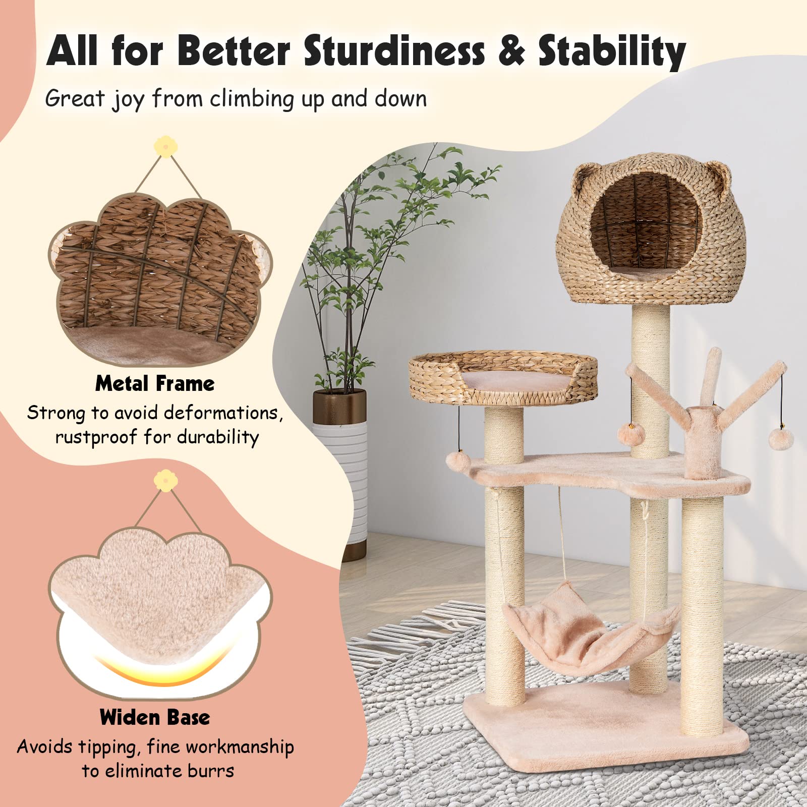 Petsite Woven Cat Tree, Modern Cat Tower With Hammock & Scratching Posts, Cattail Condo & Top Perch, Cat Activity Tree For Indoo