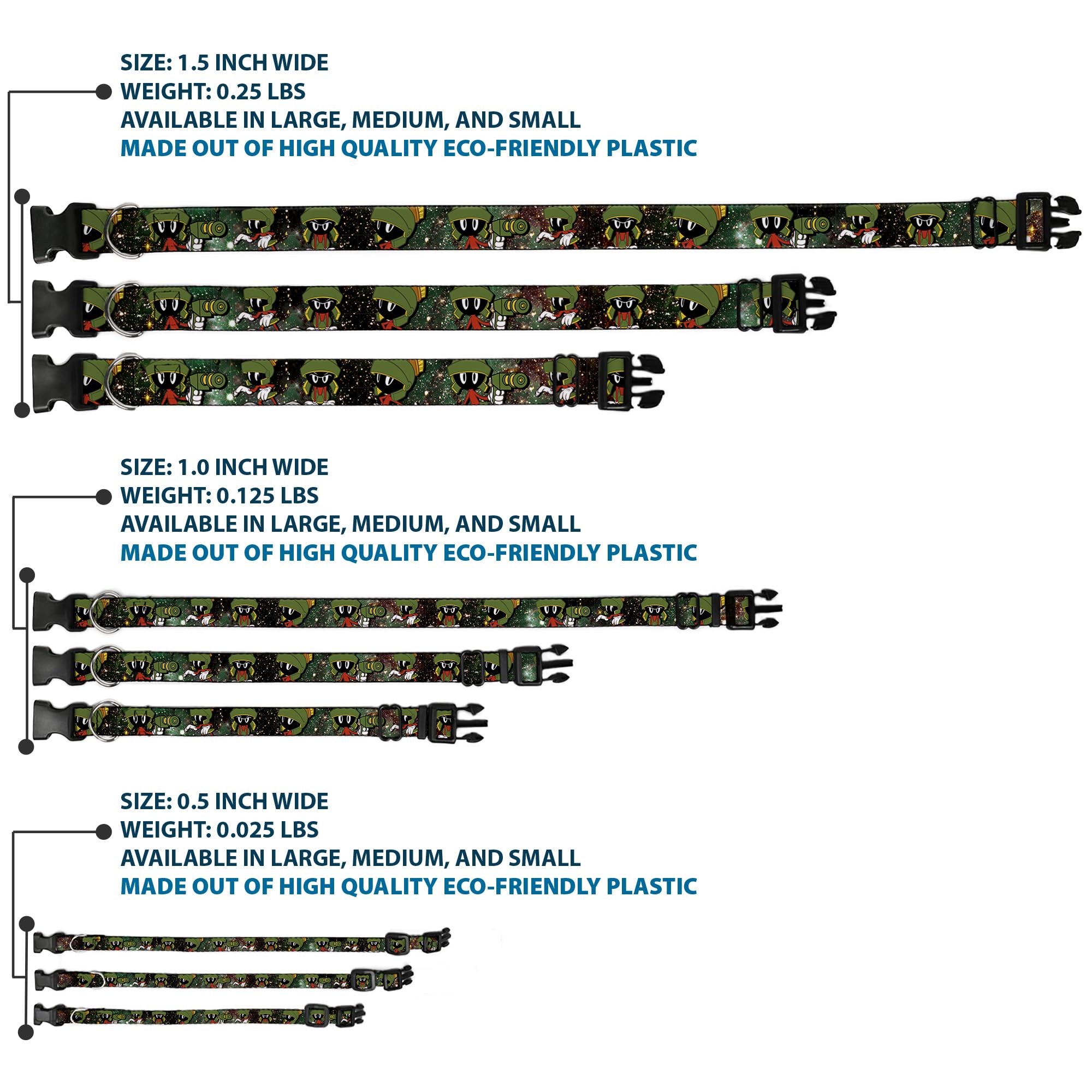 Buckle-Down Dog Collar Plastic Clip Marvin The Martian 4 Poses Galaxy, Multicolor, 1.5 Wide - Fits 16-23 Neck - Medium (