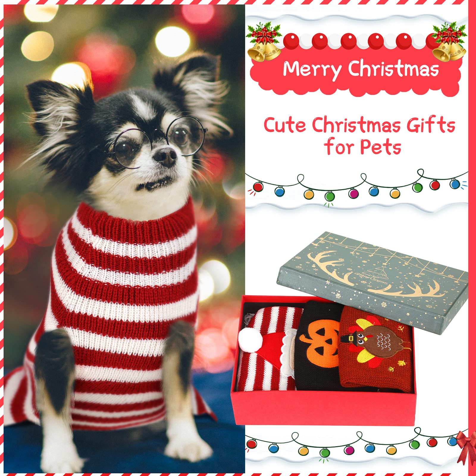 Sanwuta 3 Pieces Halloween Thanksgiving Christmas Dog Sweaters Sets Pumpkin Turkey Santa Puppy Dog Clothes Pet Knitwear For Dog Cat Pet Costume(X-Large)